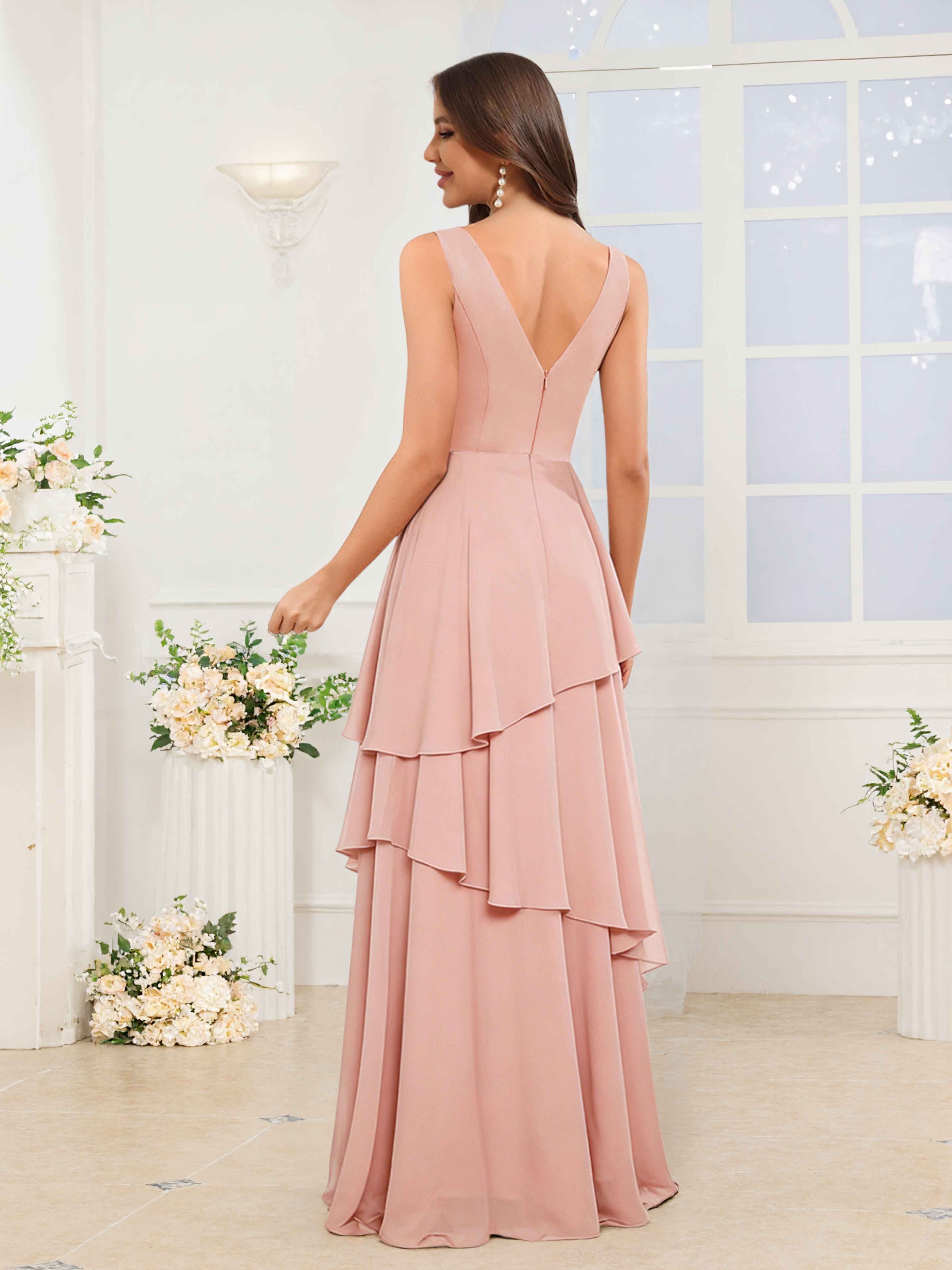 Naelitharae Chic V Neck Ruched Long Chiffon Bridesmaid Dresses