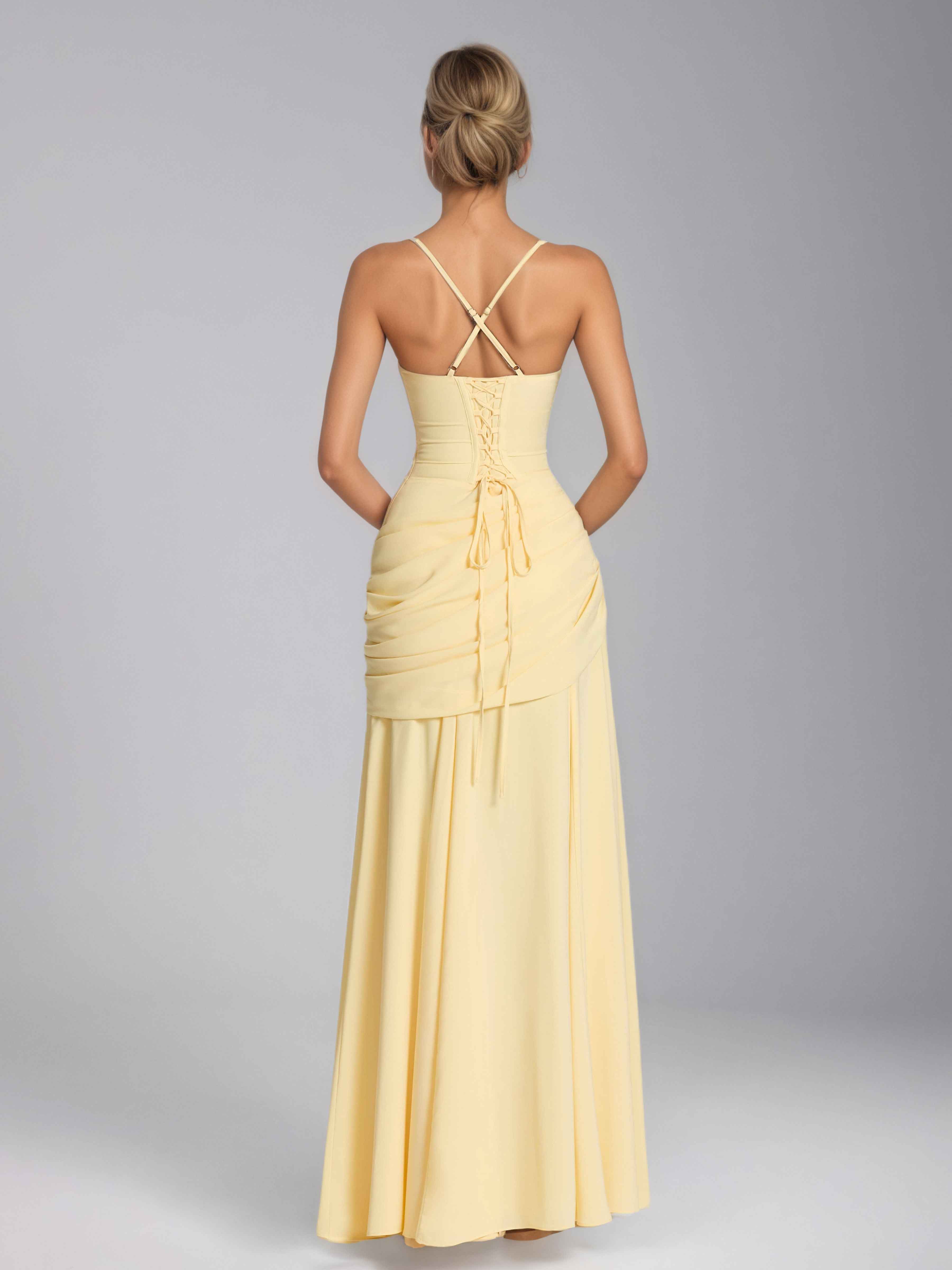 Helytharae Stylish Spaghetti Straps Ruched Long Chiffon Prom Dresses