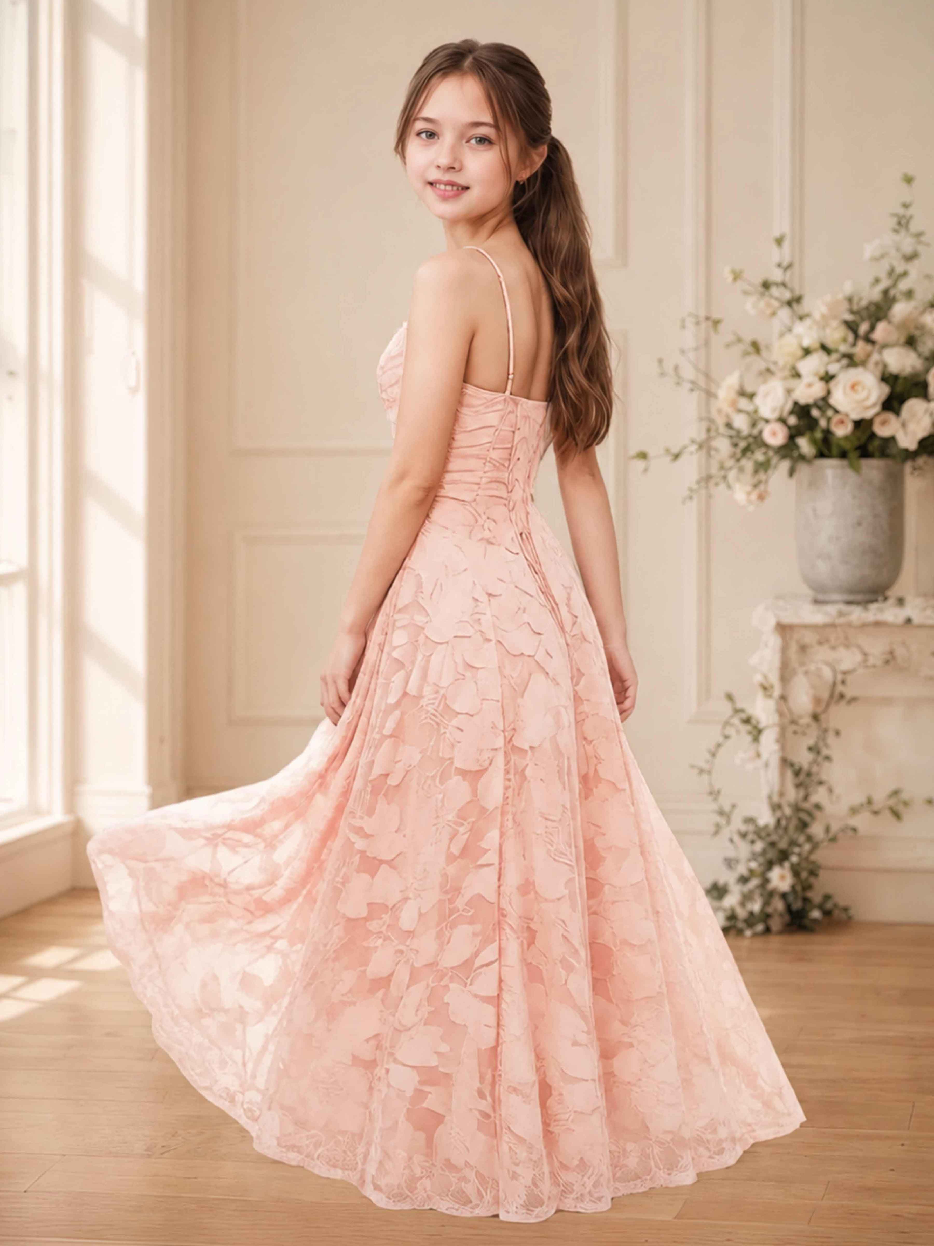 Trendy Spaghetti Straps Ruched Long Jacquard Junior Bridesmaid Dresses