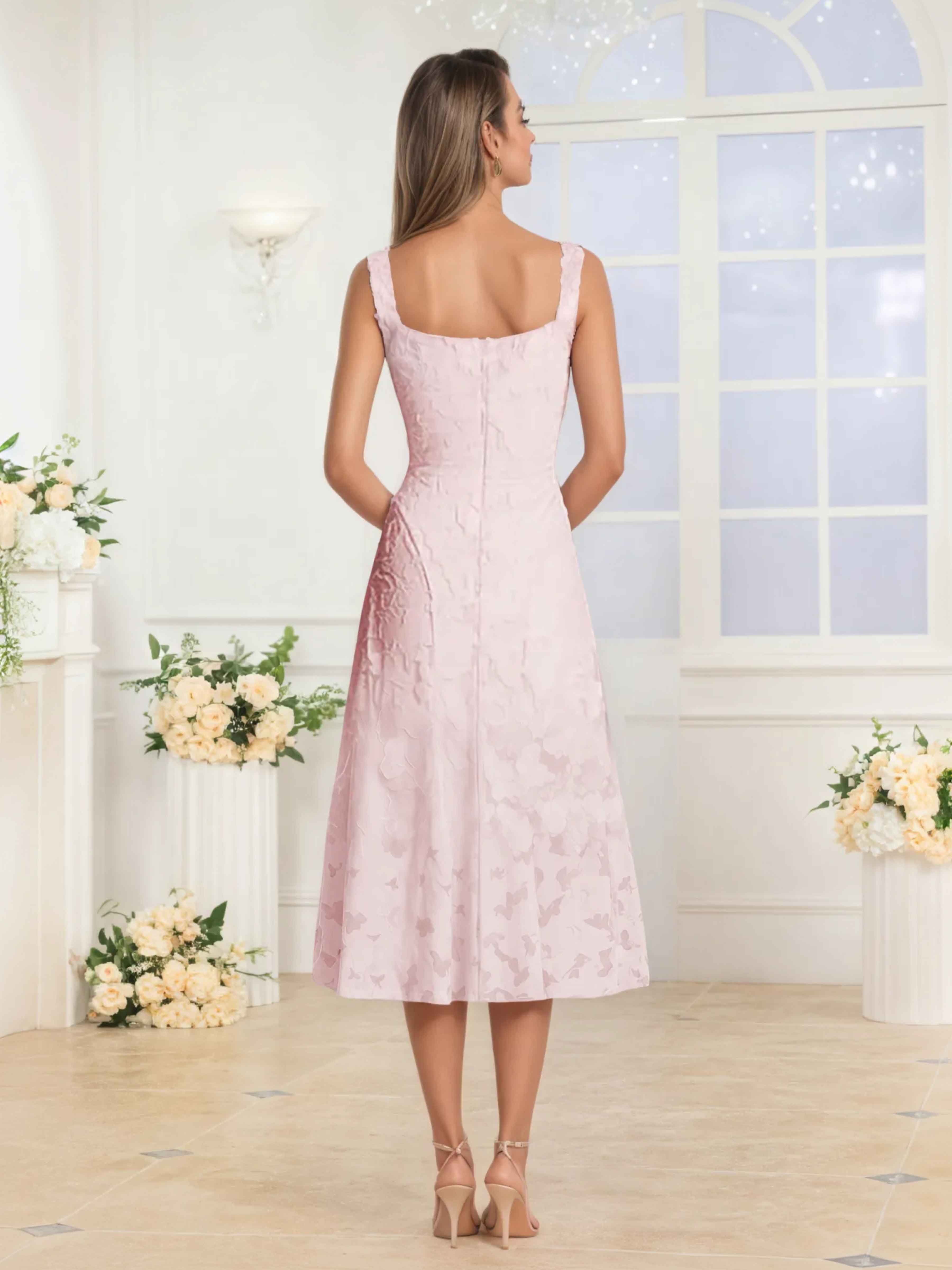 Elythara Chic Spaghetti Straps A-Line Tea Length Jacquard Party Dresses