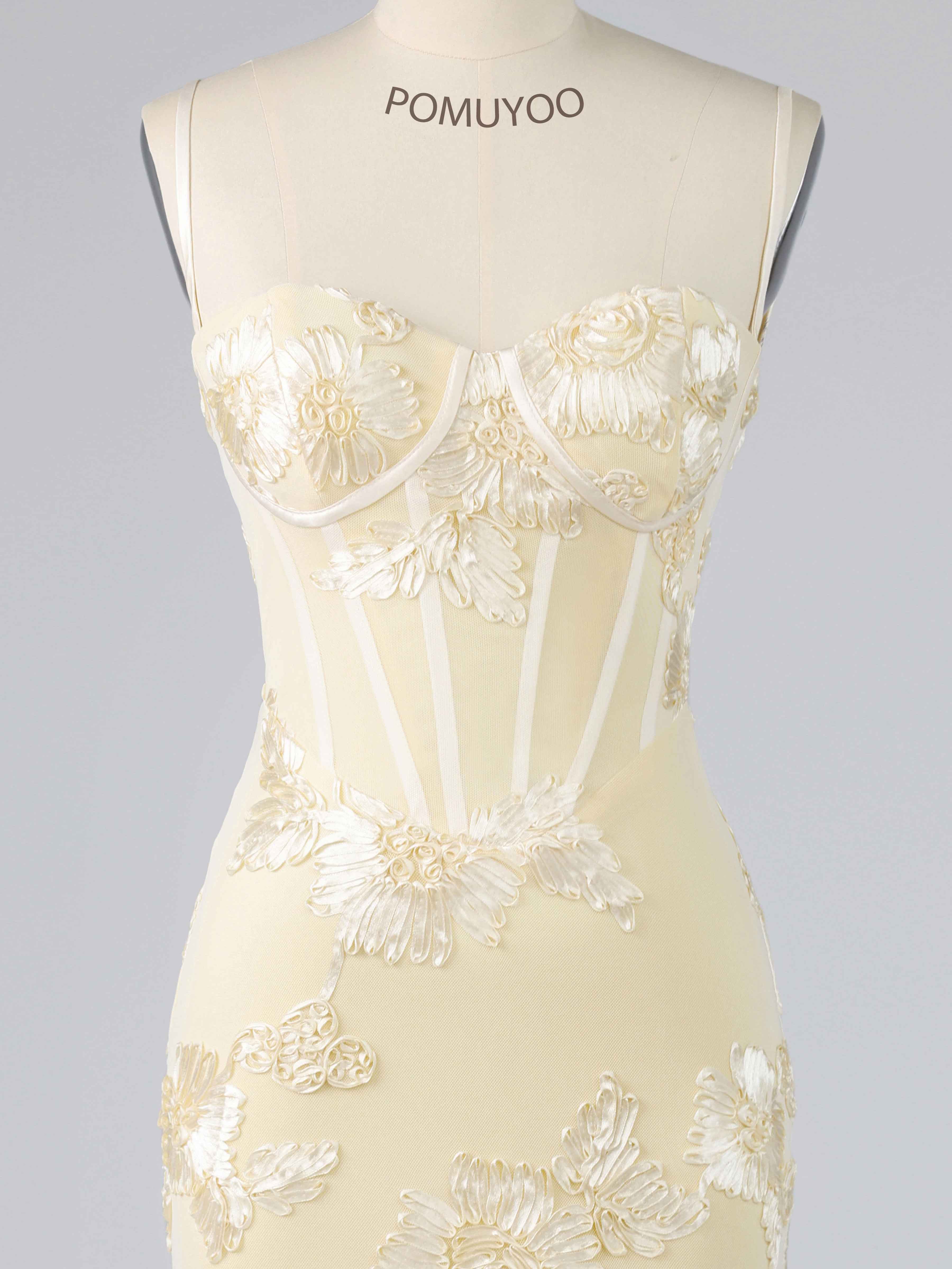 Galatea Delicate Spaghetti Straps Floral Ribbon Appliques Occasion Dresses