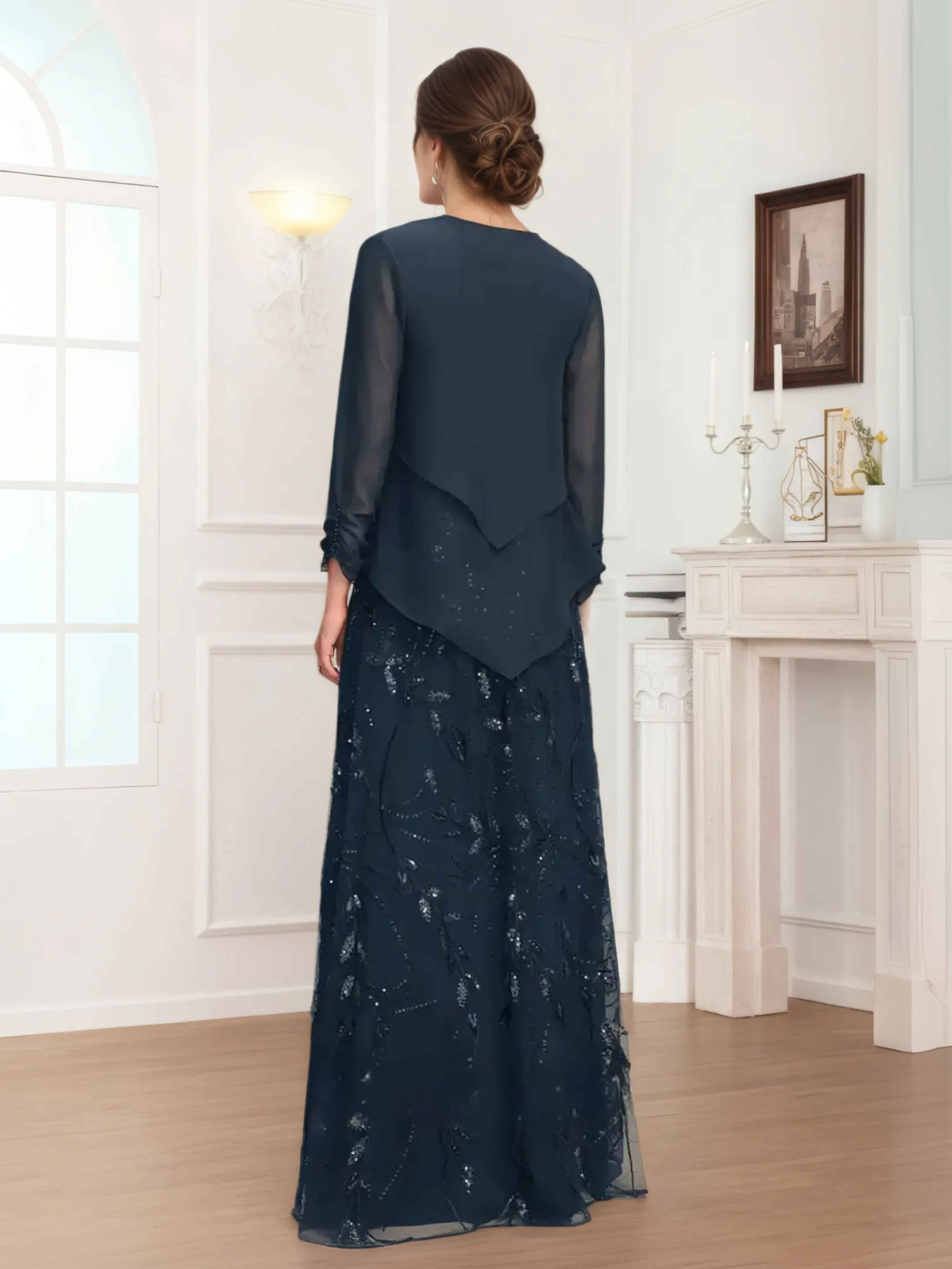 Jaelwyn A-Line Two Pieces V Neck Leaf Sequin Long Mother Of The Bride Dresses