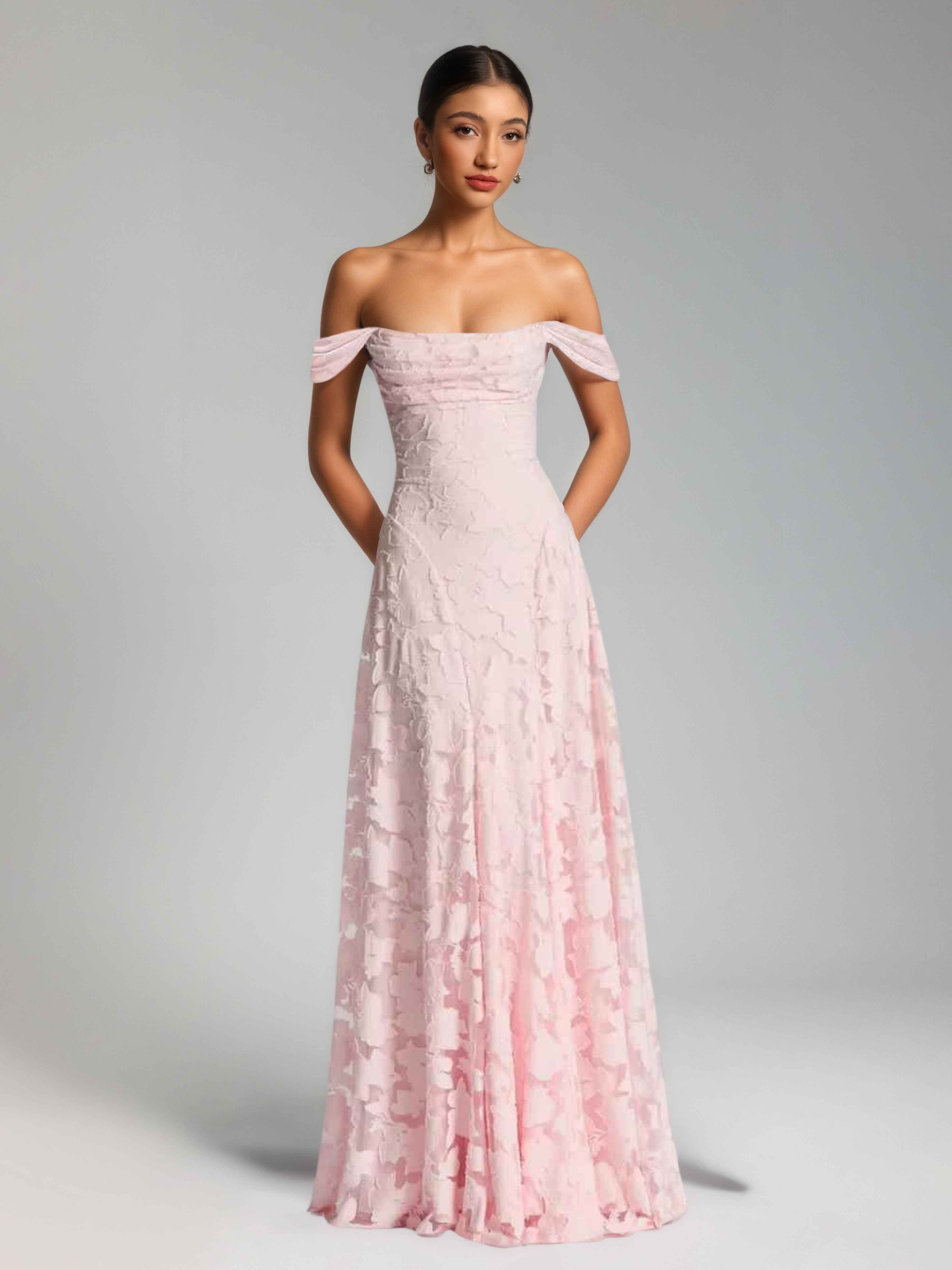 Oraelithra Charming A-Line Off the Shoulder Long Jacquard Bridesmaid Dresses