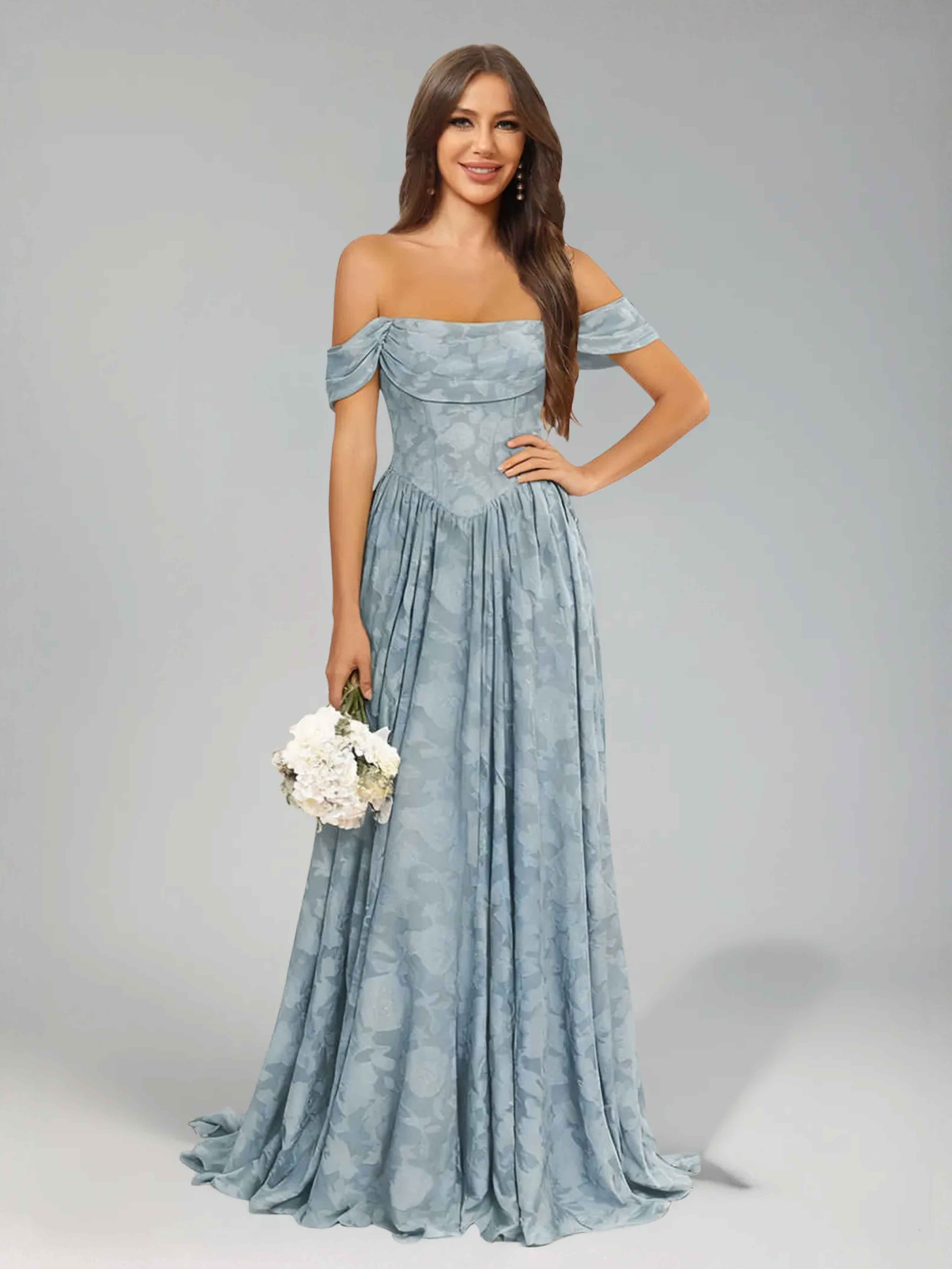 Praelithra Delicate A-Line Off the Shoulder Floor Length Jacquard Bridesmaid Dresses, Burgundy