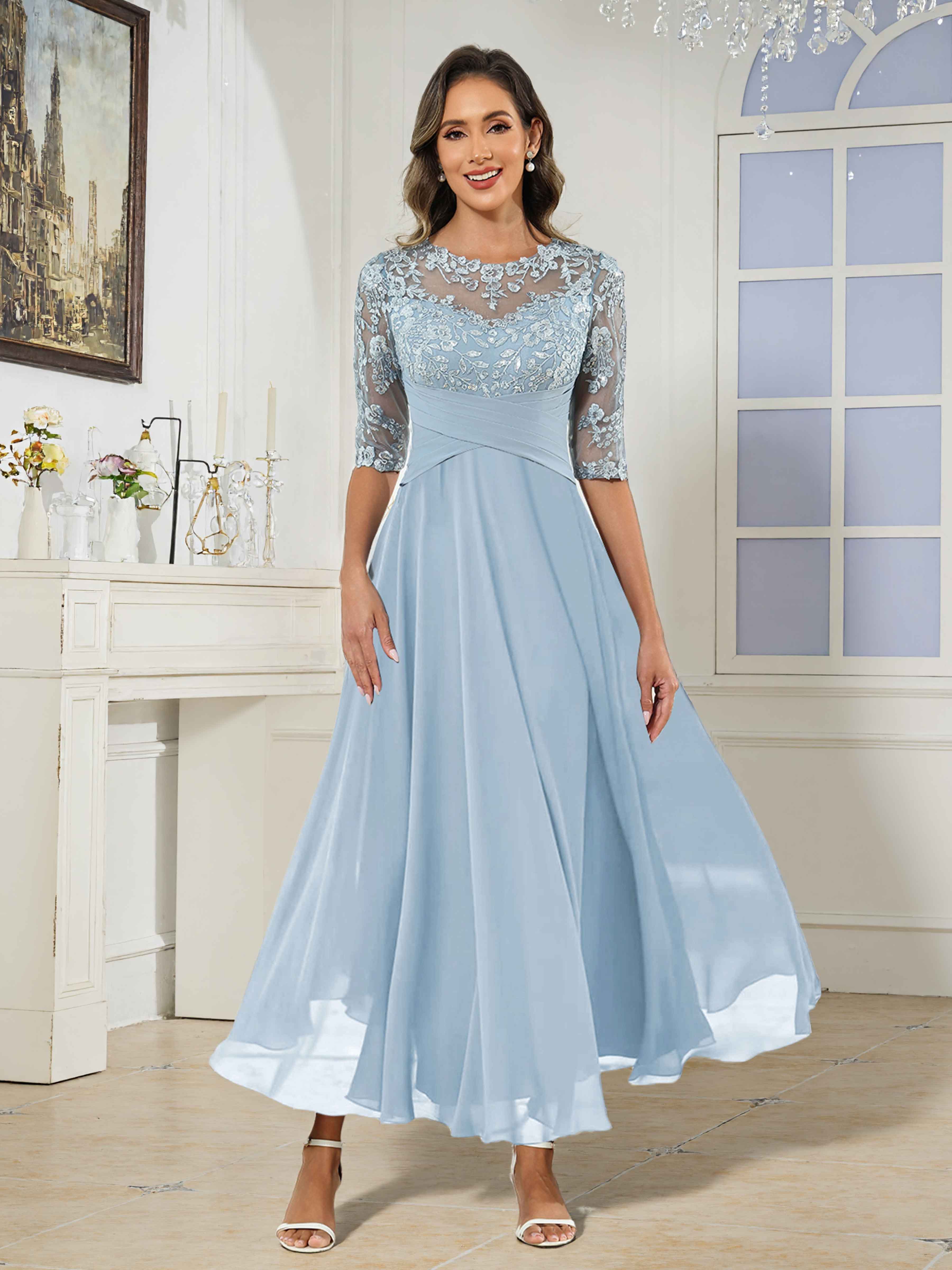 Saelithra Elegant A-Line Illusion Half Sleeves Lace Maxi Chiffon Mother of the Bride Dresses