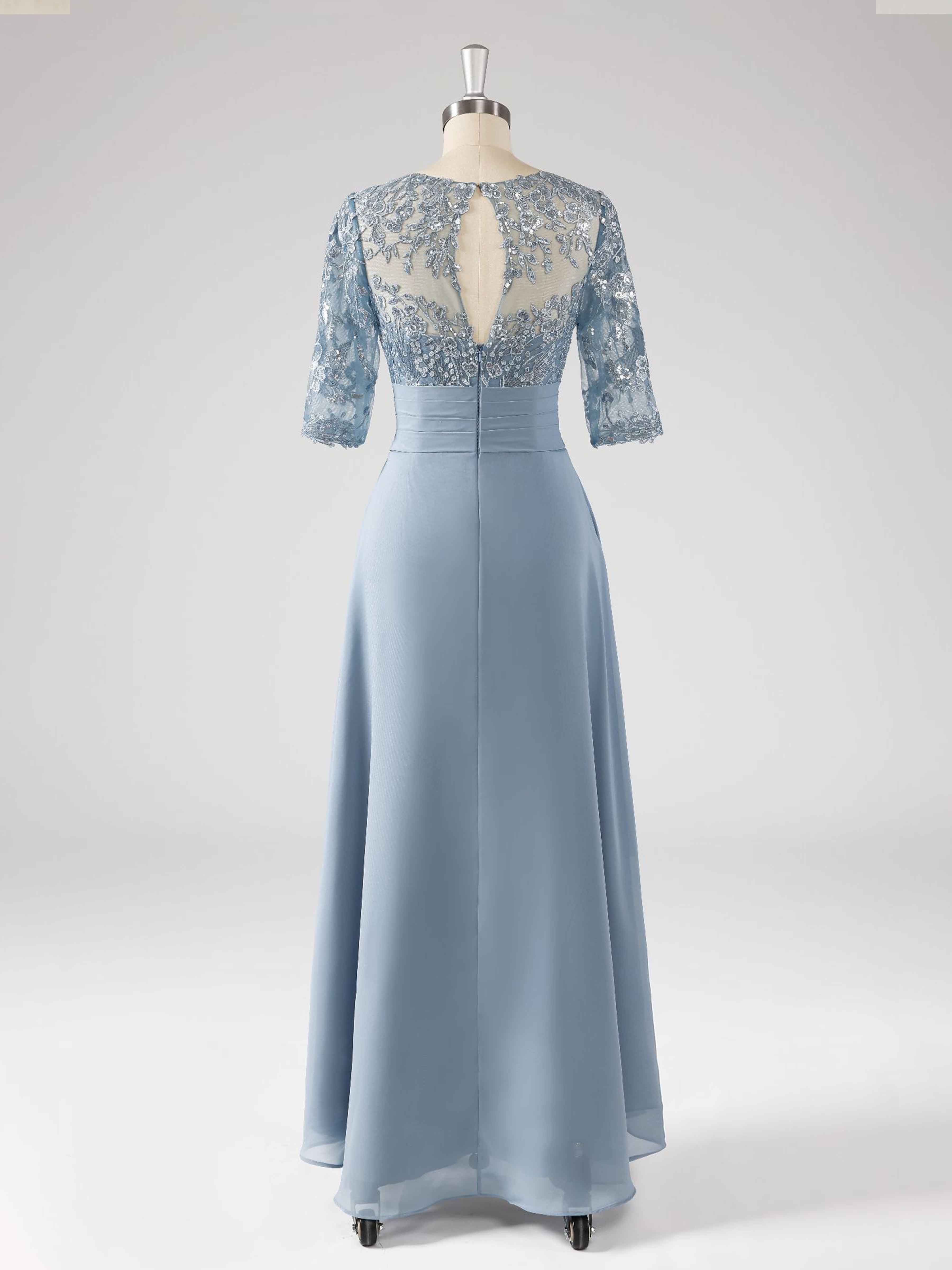 Saelithra Elegant A-Line Illusion Half Sleeves Lace Maxi Chiffon Mother of the Bride Dresses