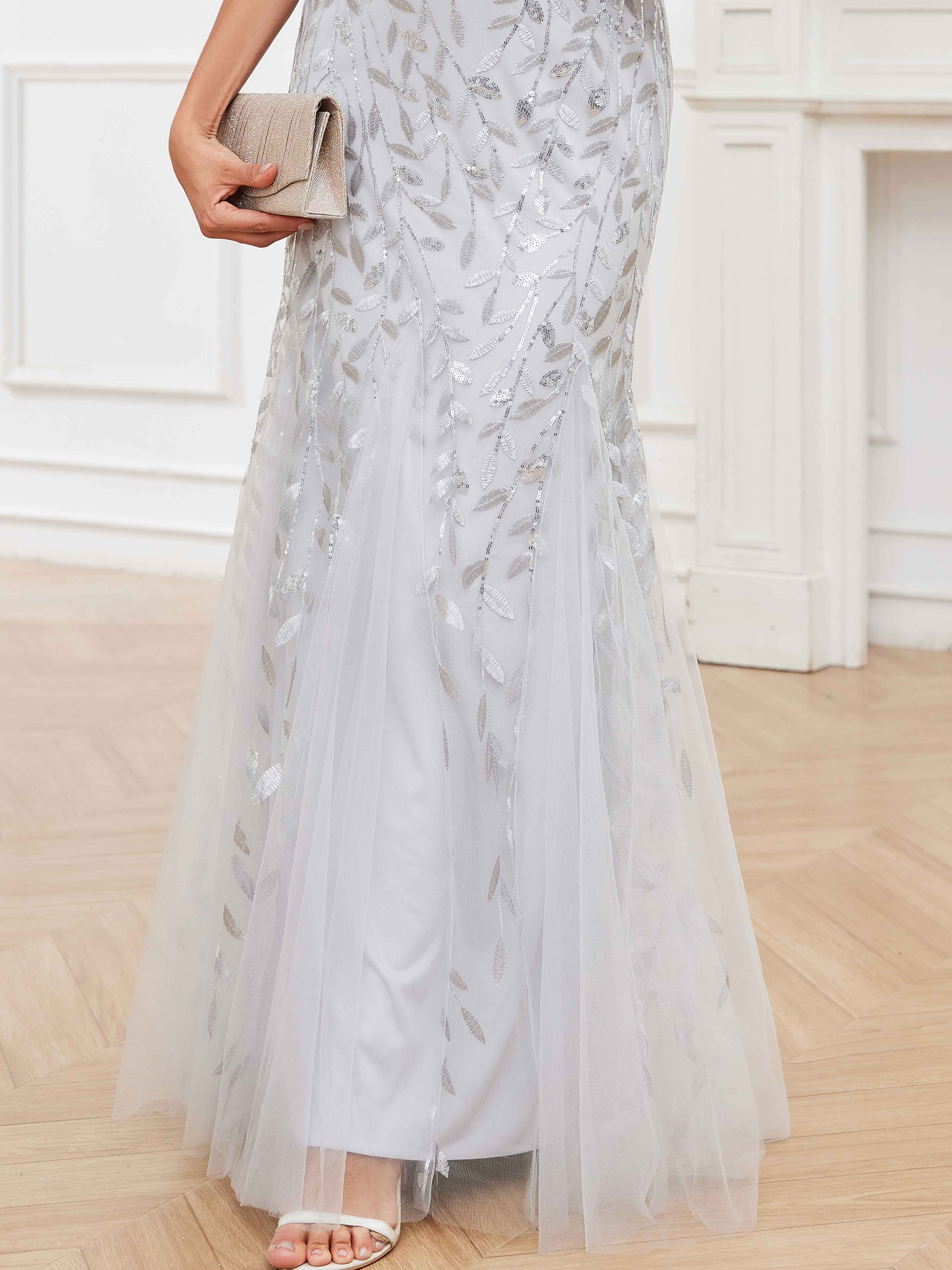 Aelindra Modern Sheath Leaf Sequins Long Mother of the Bride & Groom Dresses