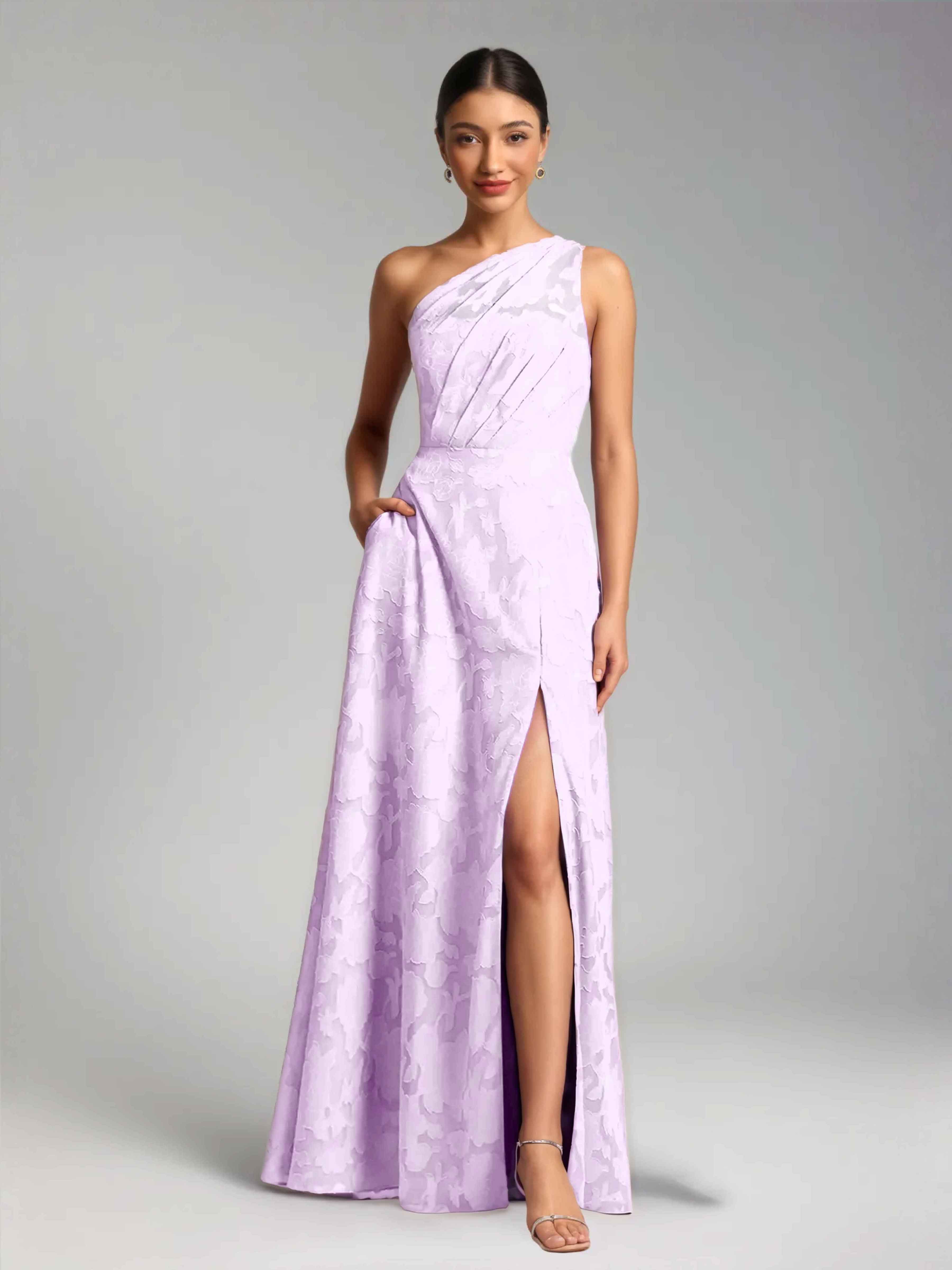 Draelindra Charming One Shoulder Slit Long Floral Burnout Bridesmaid Dresses, Wisteria