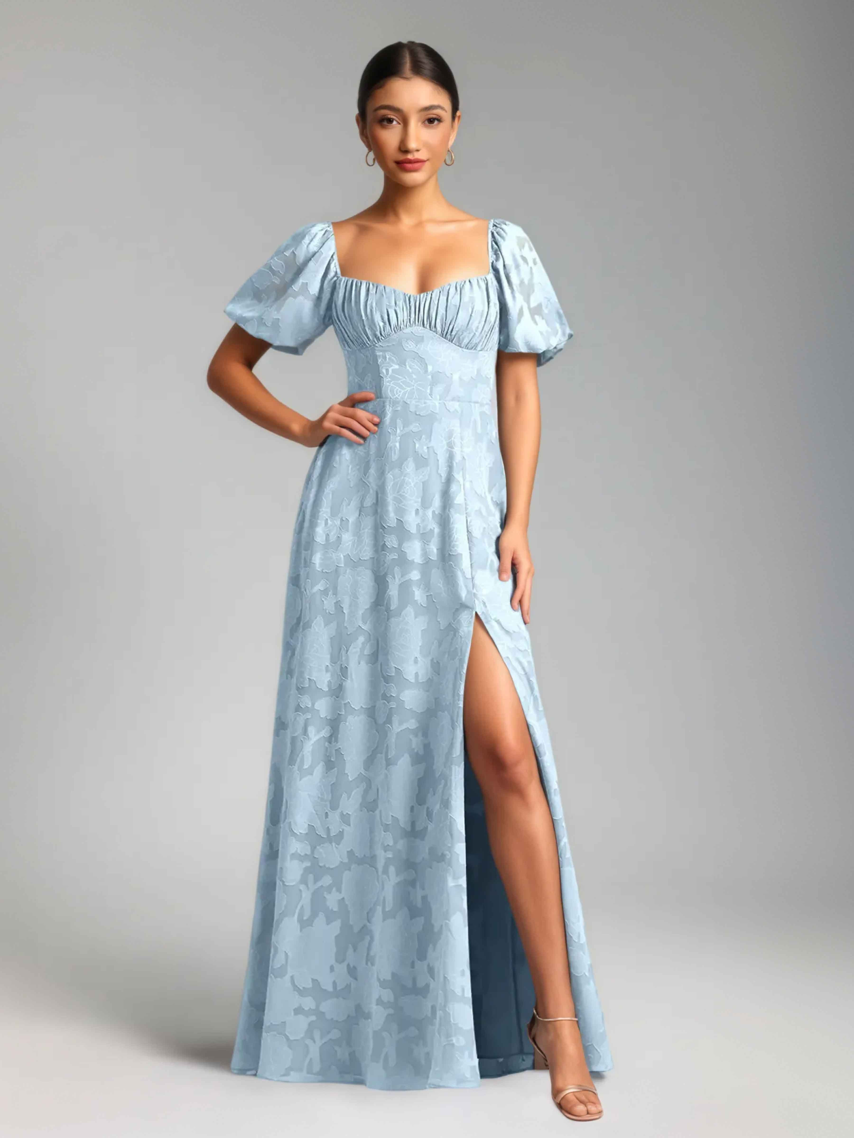 Elyndara Elegant Short Sleeves Slit Floor Length Floral Burnout Formal Dresses