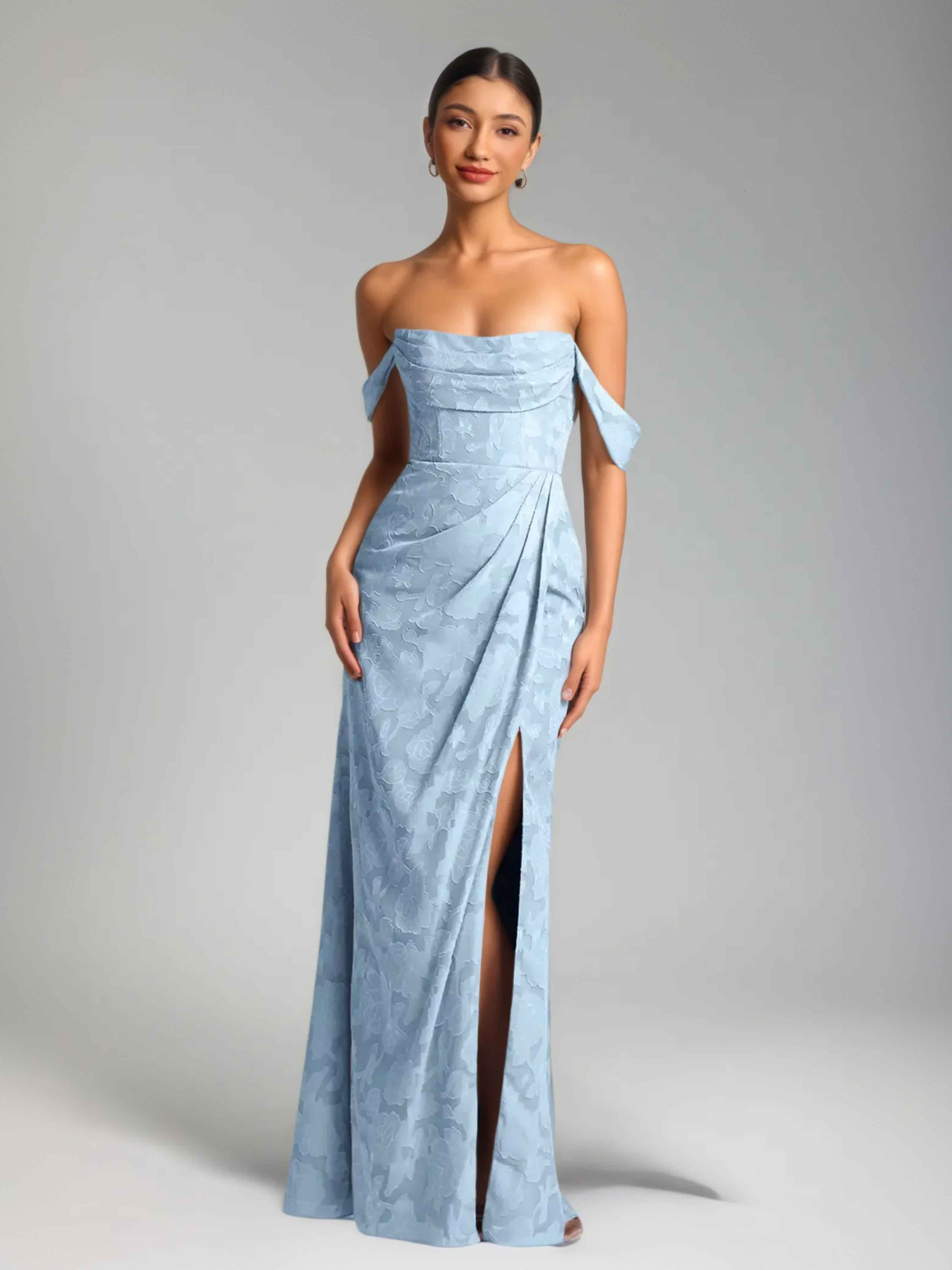 Graelindra Enchanting Off the Shoulder Pleated Floral Burnout Formal Dresses