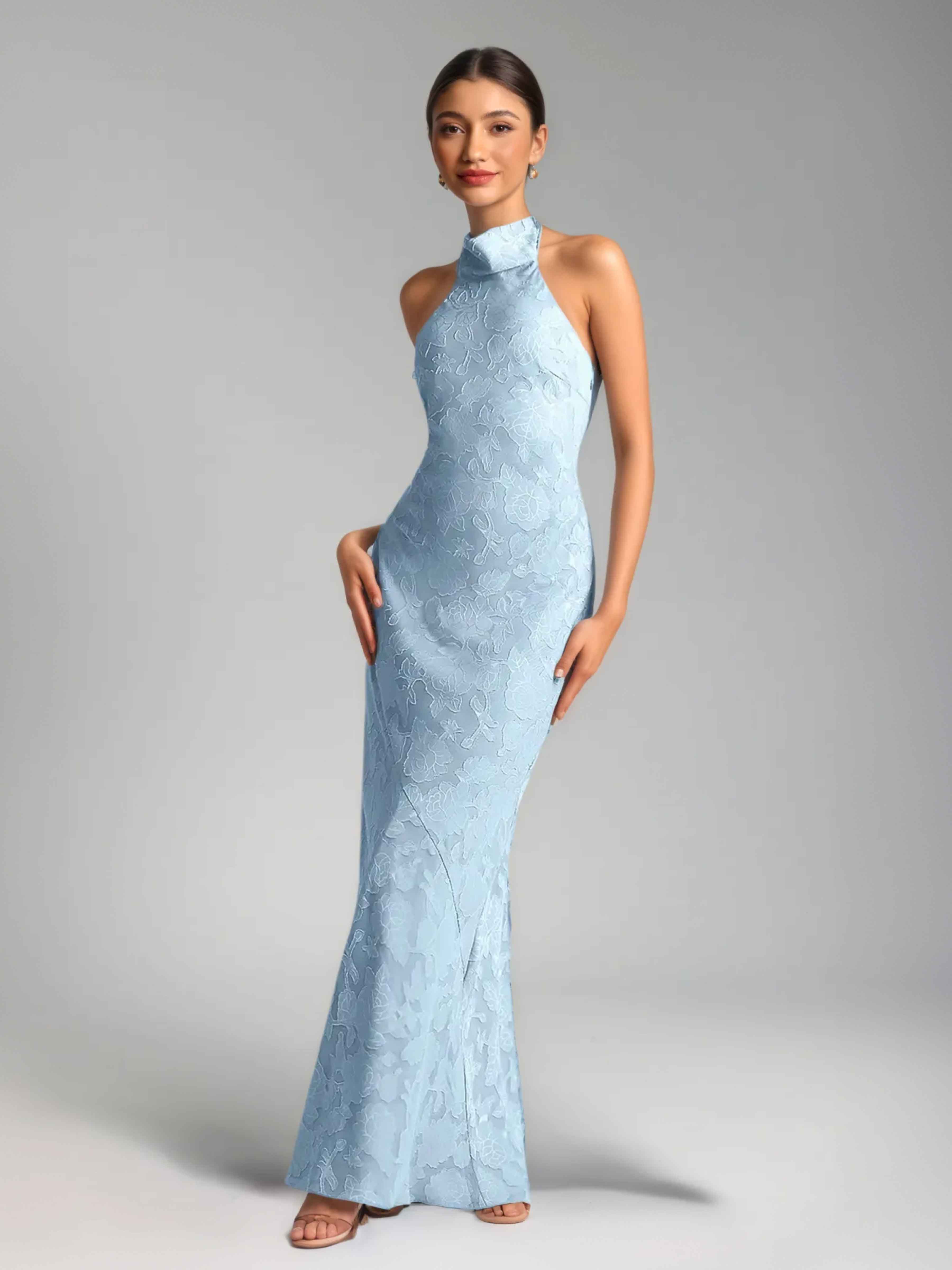 Helyndara Graceful Halter Sleeveless Sheath Floral Burnout Formal Dresses