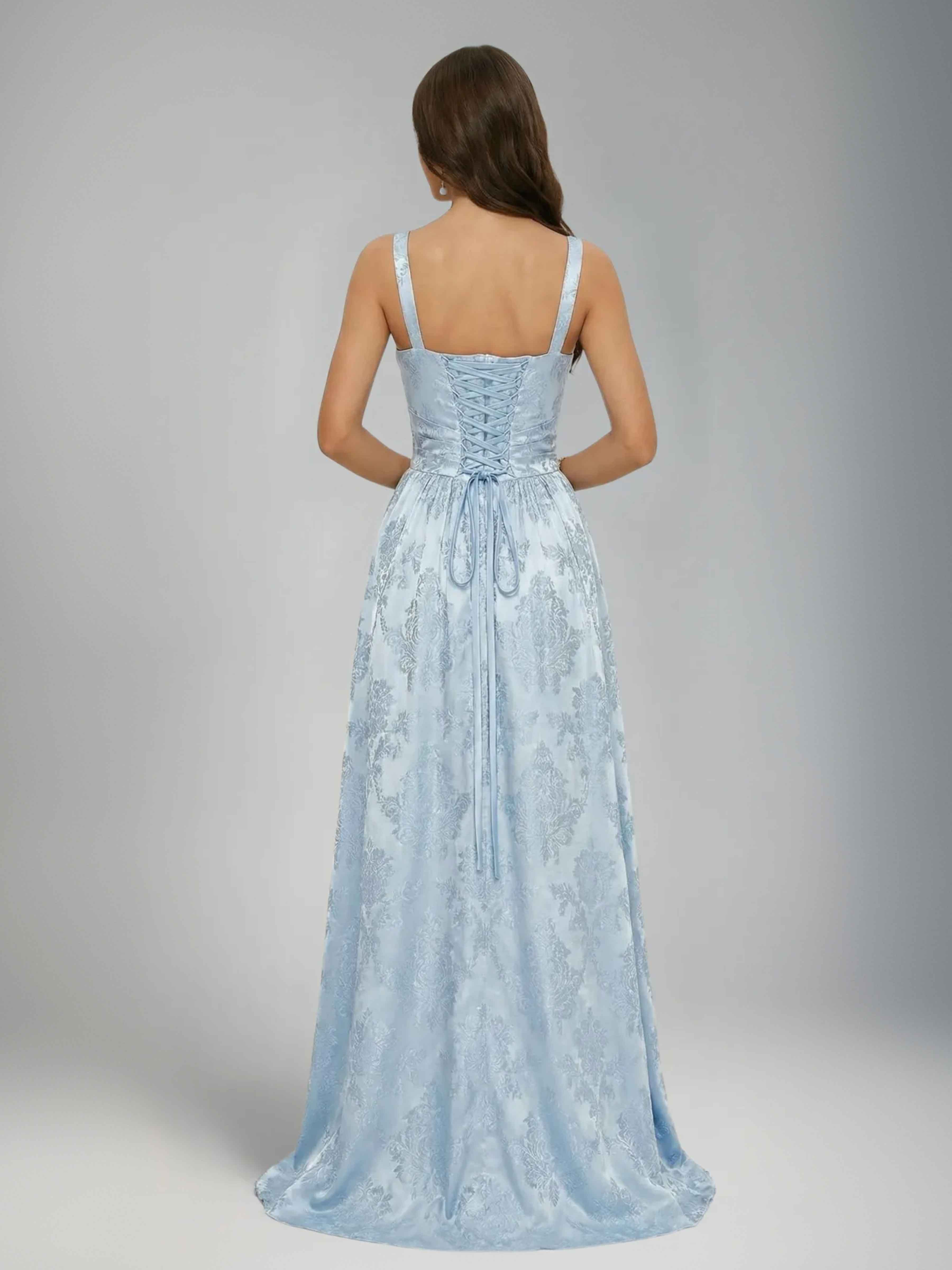 Jaelindra Gorgeous A-Line Spaghetti Straps Pleated Slit Long Jacquard Prom Dresses