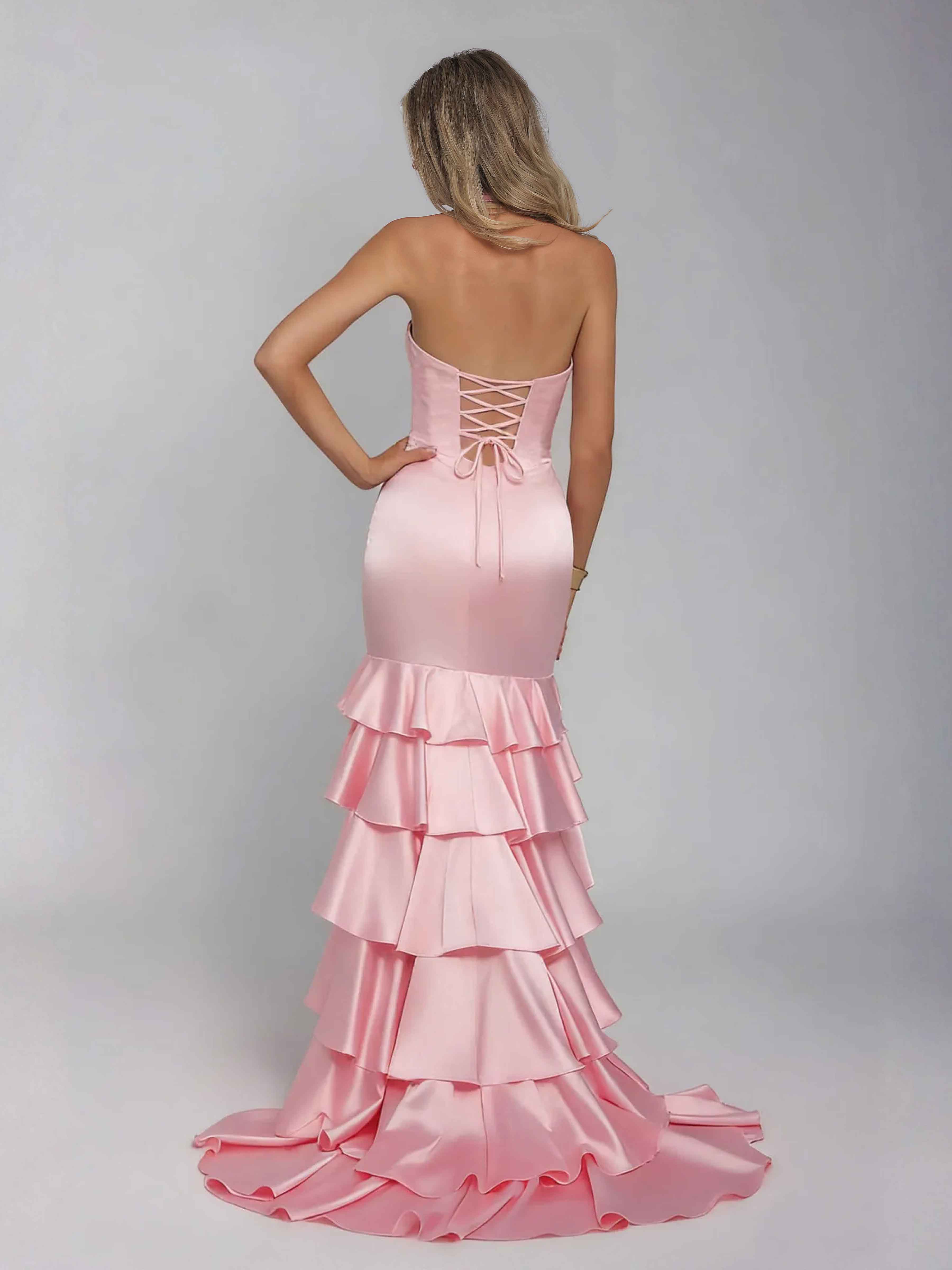 Kaelindra Stunning Mermaid Halter Tiered Sweep Train Satin Prom Dresses