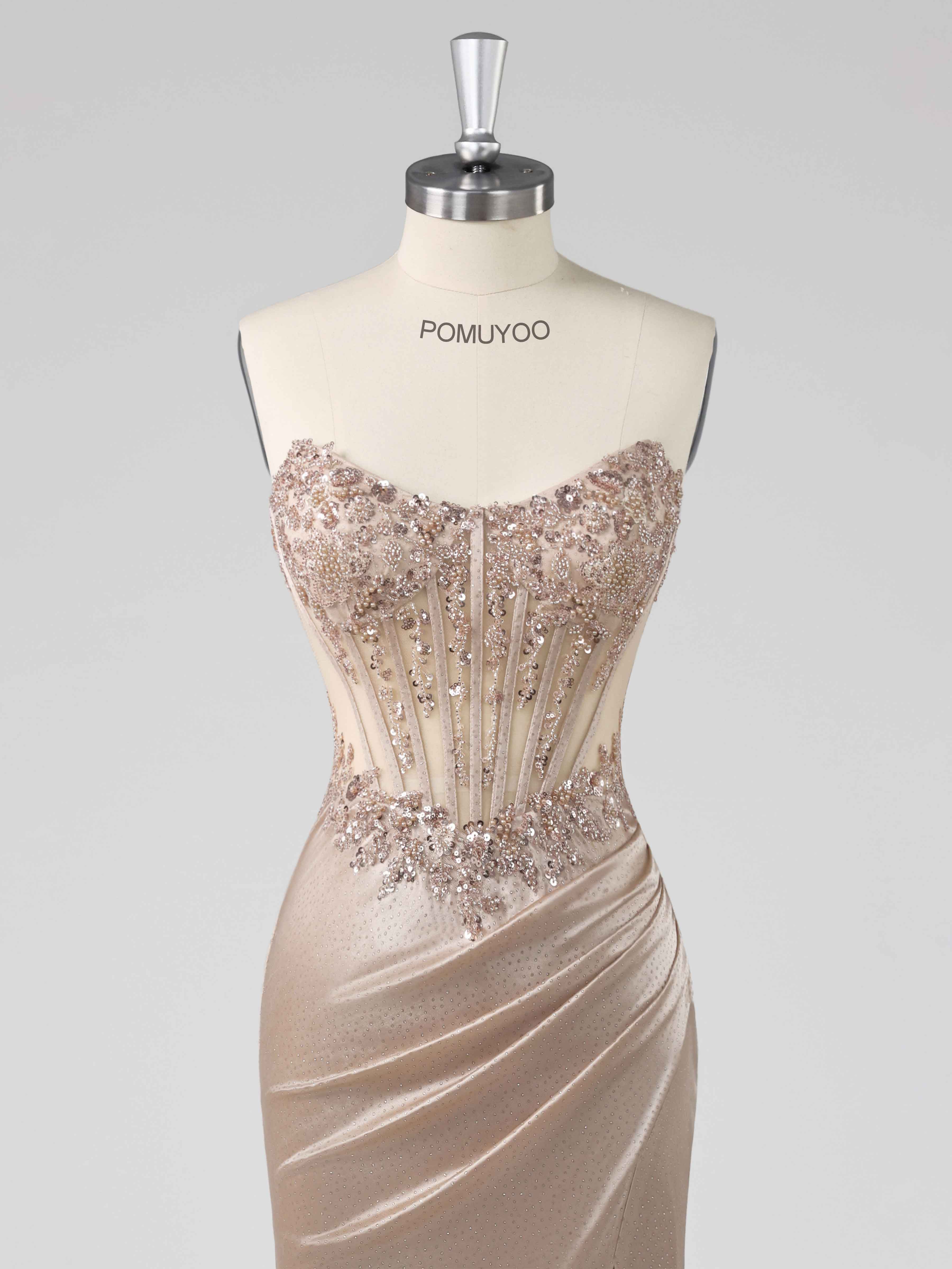 Praelindra Dazzling Strapless Sheath Beading Sequins Slit Long Prom Dresses