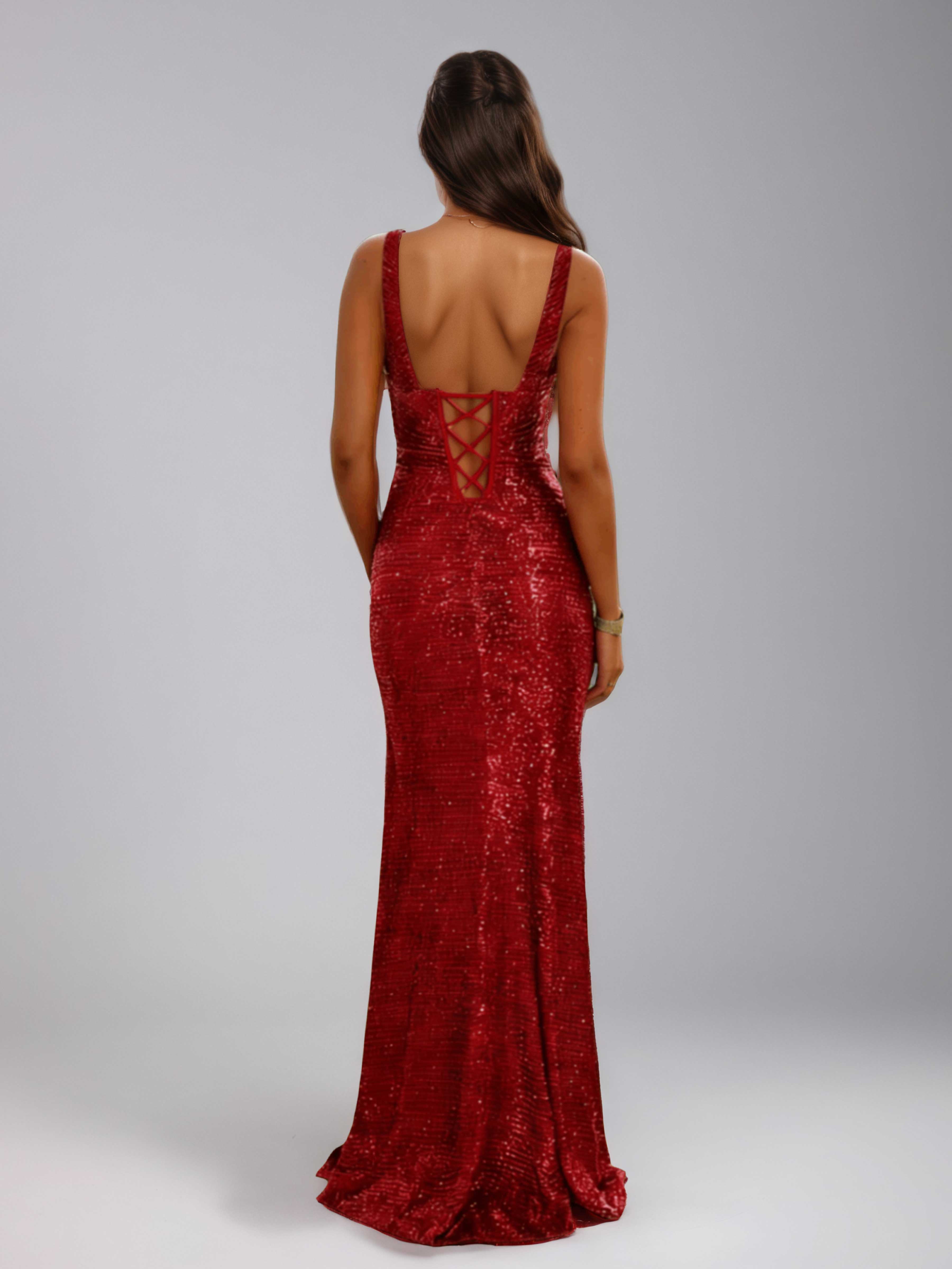 Qaelithia Stunning Square Ruched Slit Long Sequins Prom Dresses