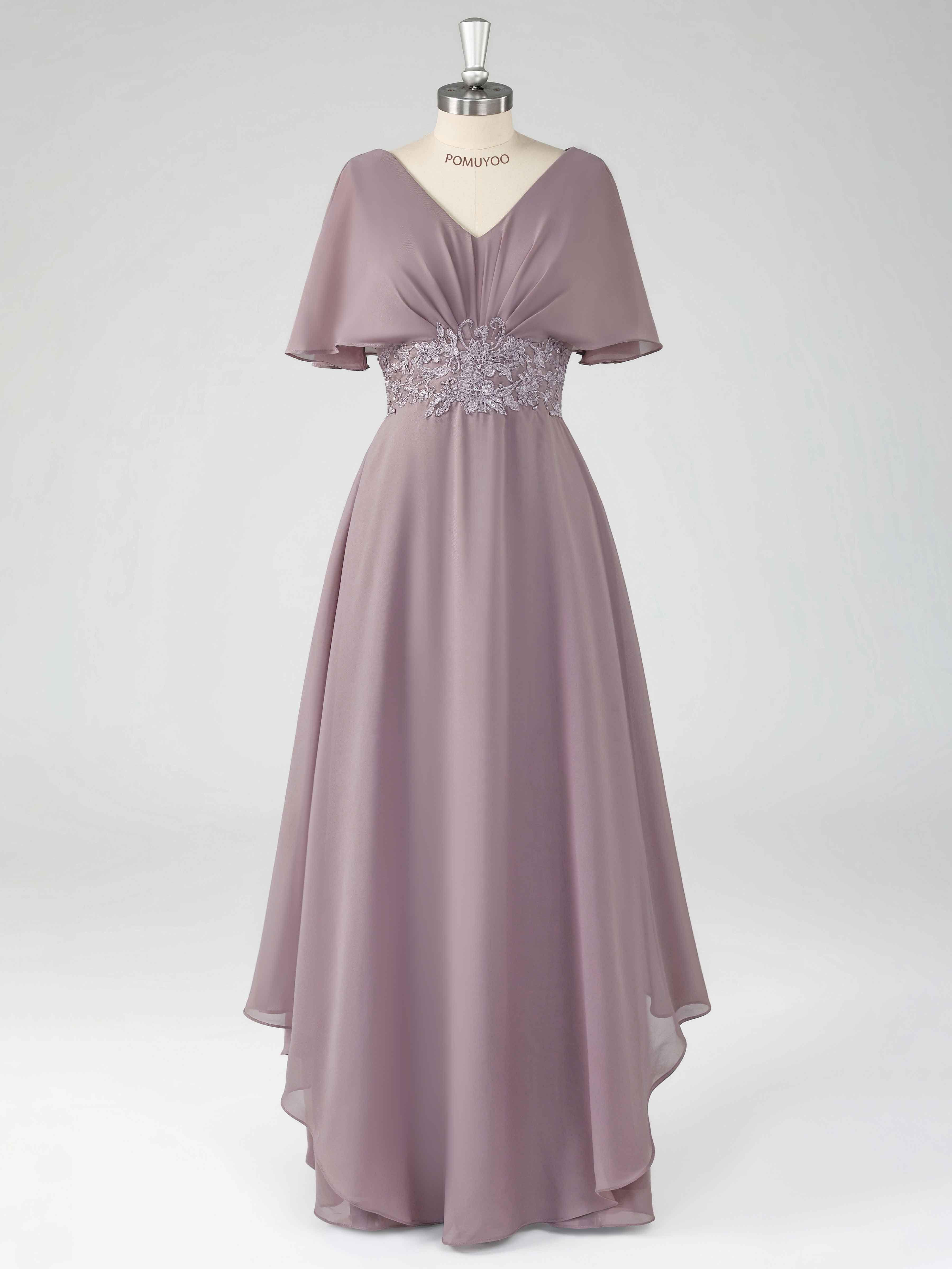 Elythris Modest A-Line Short Sleeves Appliques Long Chiffon Mother of the Bride & Groom Dresses