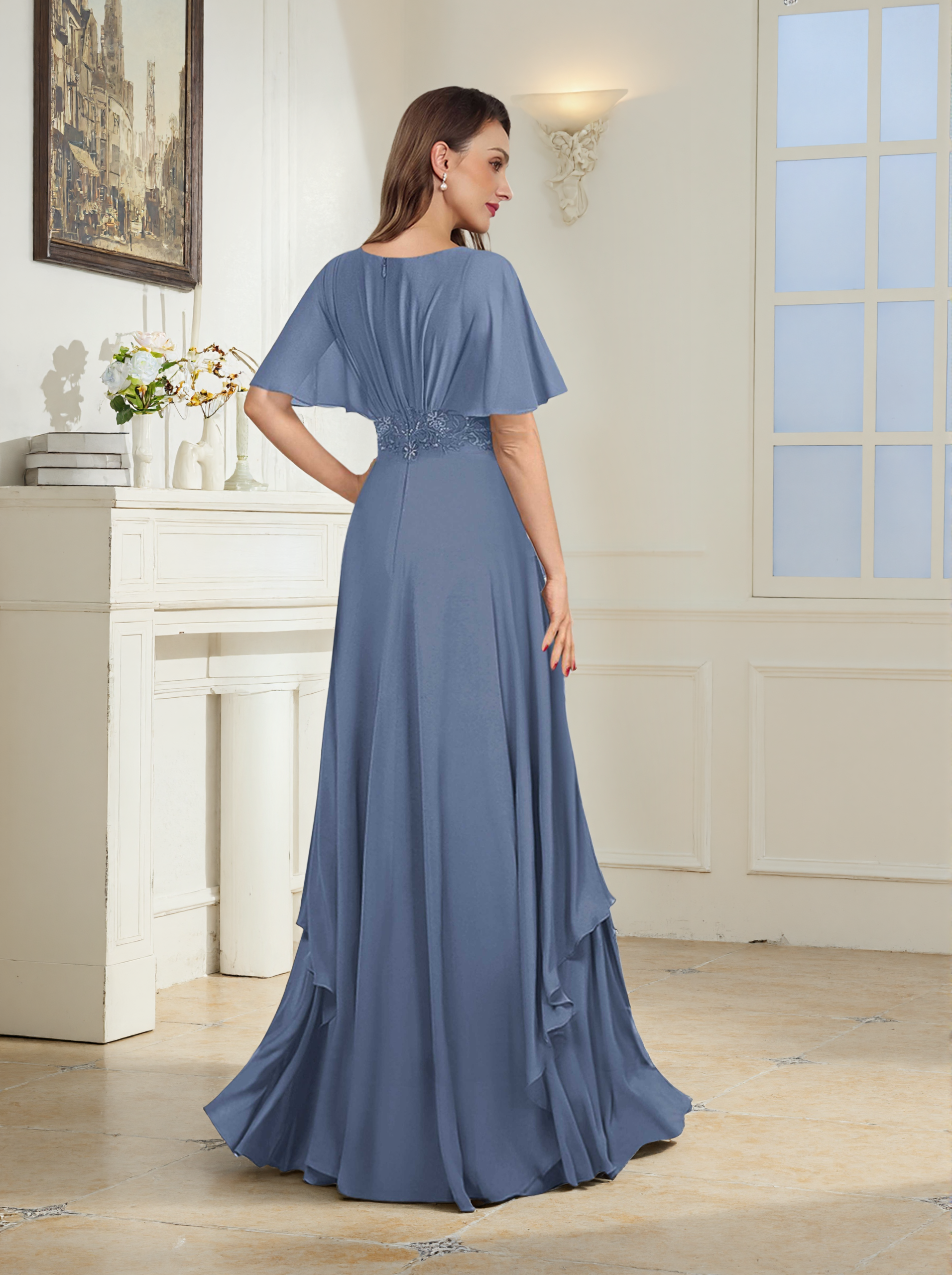 Elythris Modest A-Line Short Sleeves Appliques Long Chiffon Mother of the Bride & Groom Dresses