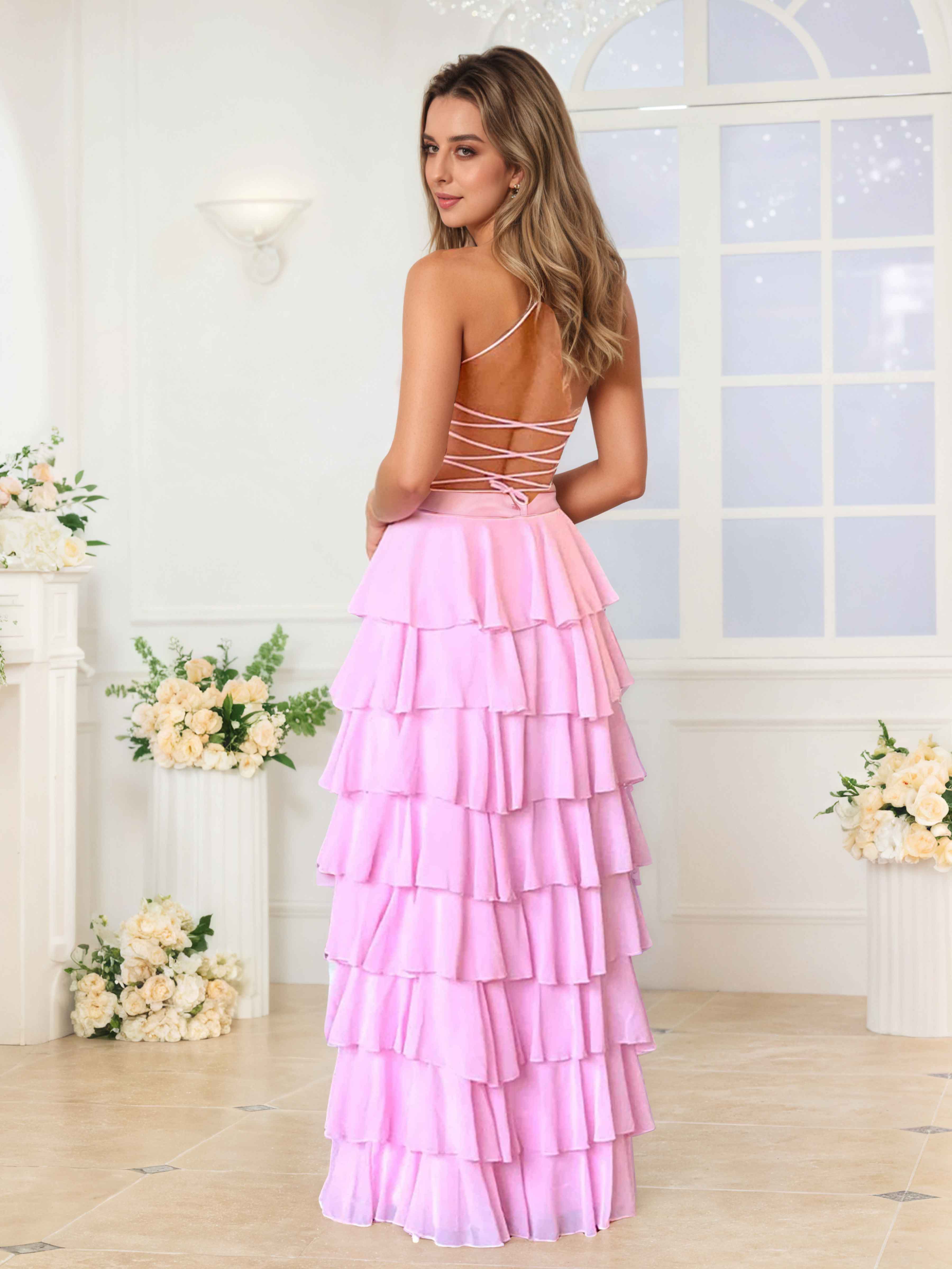 Fraelithris Pretty Spaghetti Straps Tiered Chiffon Long Prom Dresses