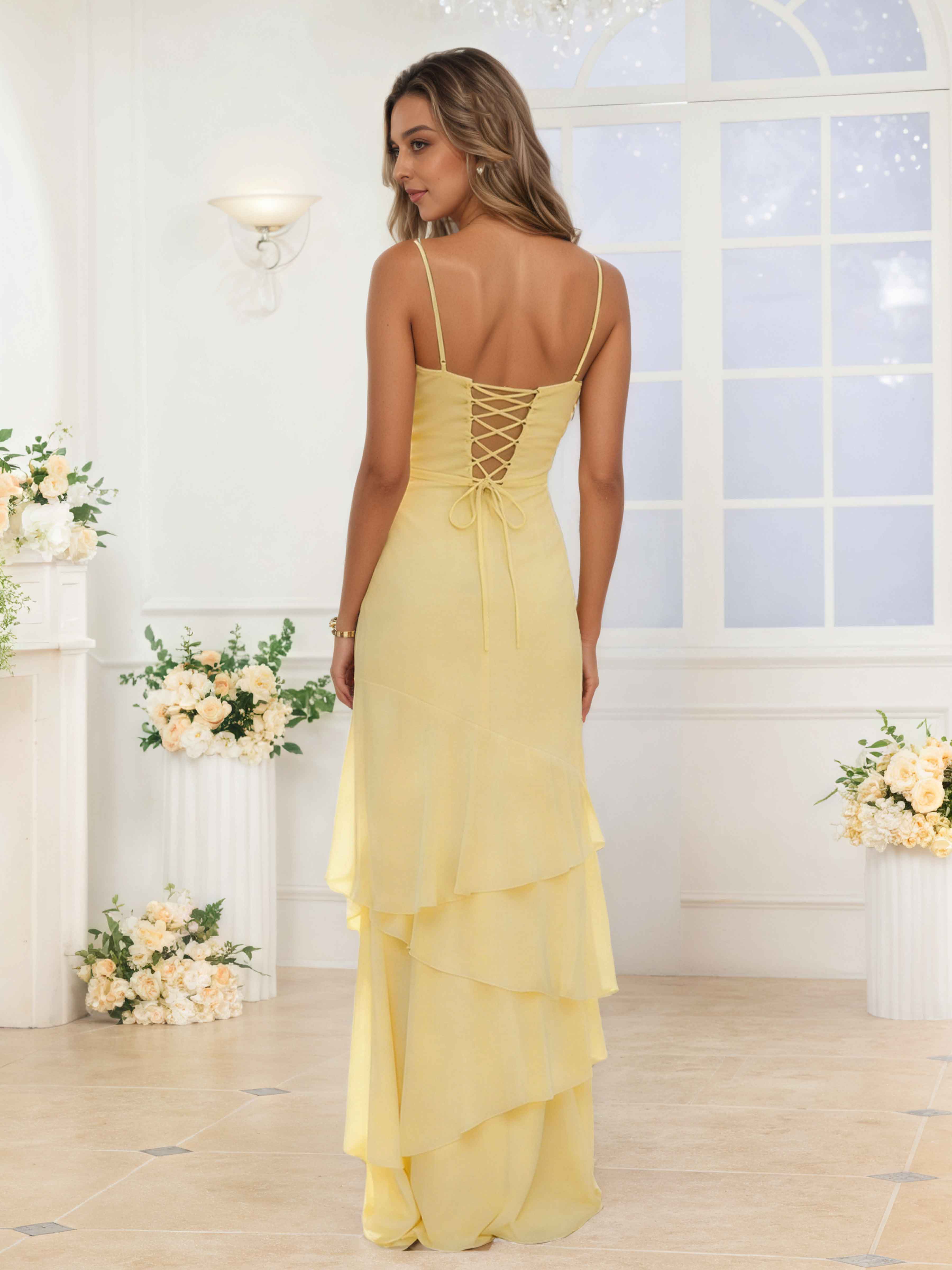 Jaelithris Sweetheart Spaghetti Straps Ruffles Long Chiffon Prom Dresses
