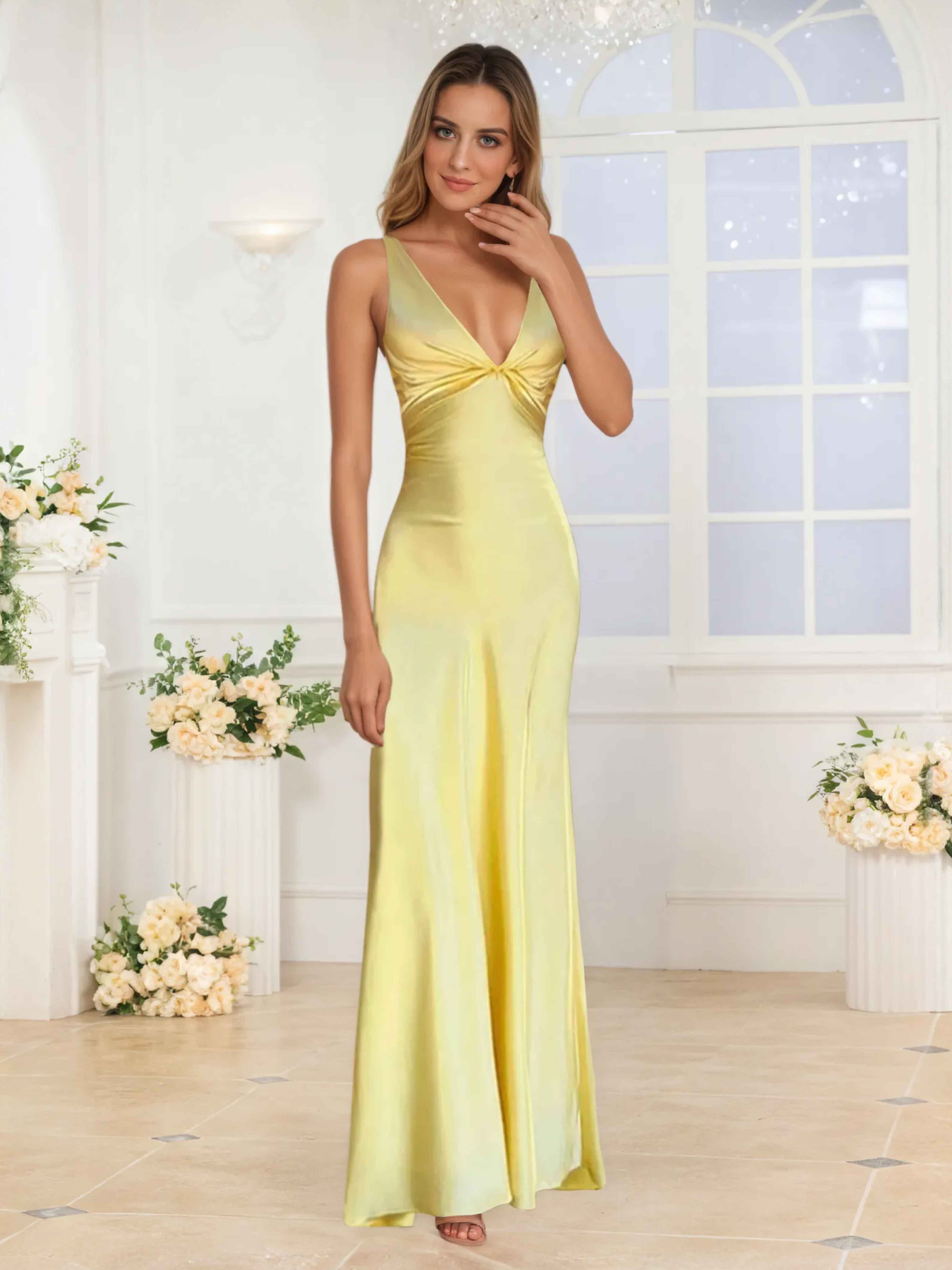 gold satin prom dress Naelithris Chic Sheath V-Neck Long Satin Prom Dresses, Lilac