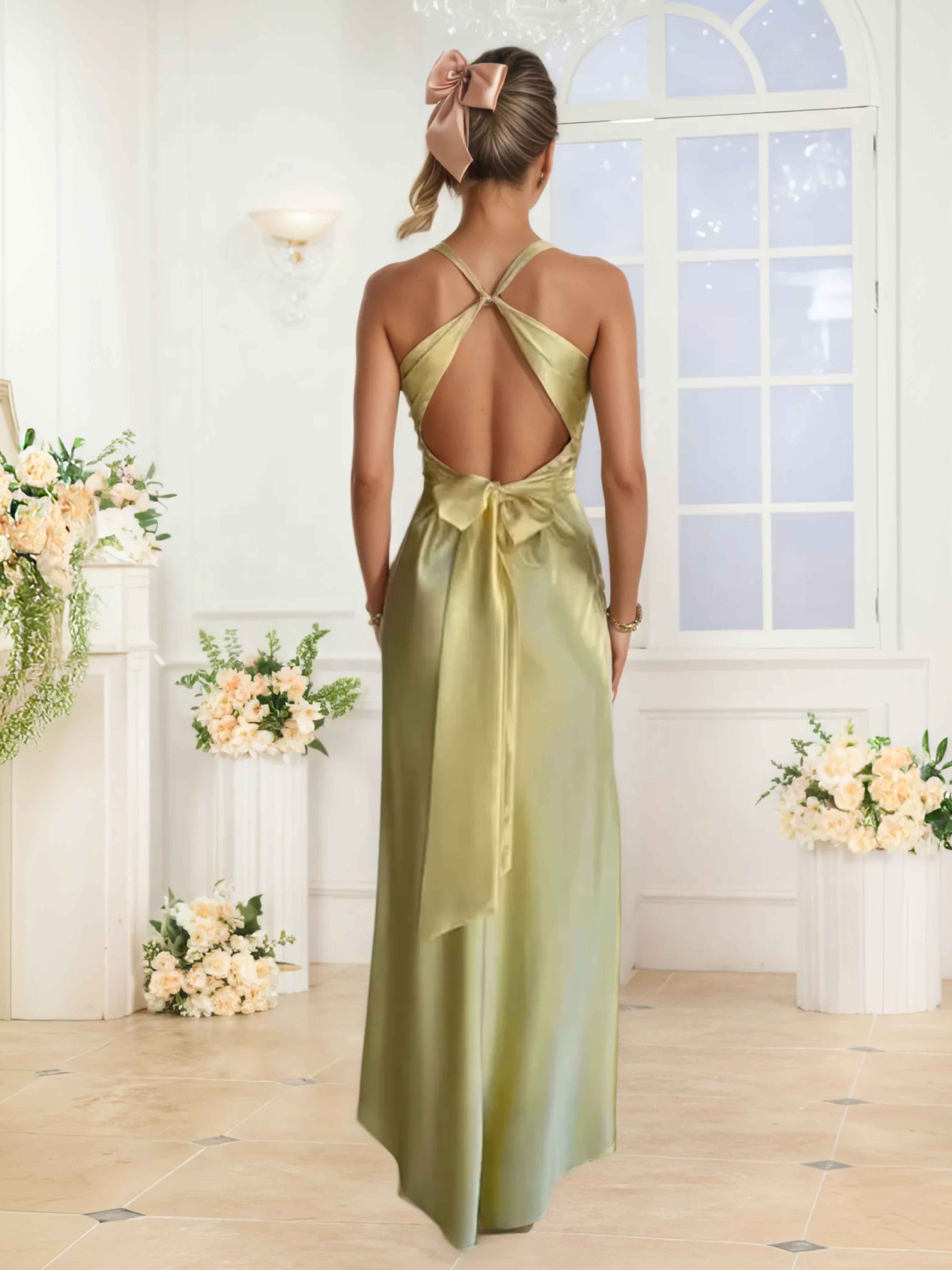 Naelithris Chic Sheath V-Neck Long Satin Prom Dresses