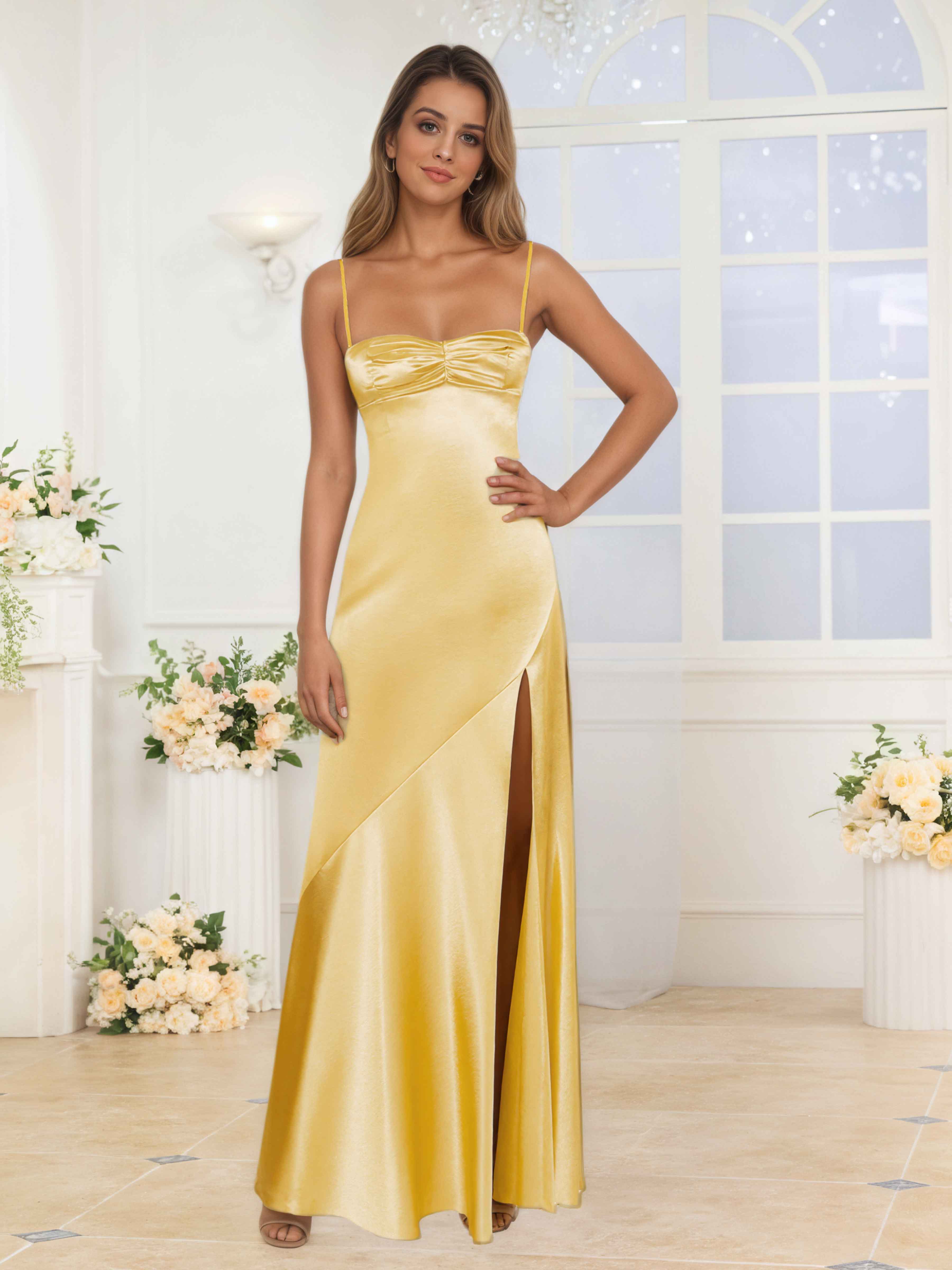 Qaelithris Elegant A-Line Pleated Slit Long Satin Prom Dresses