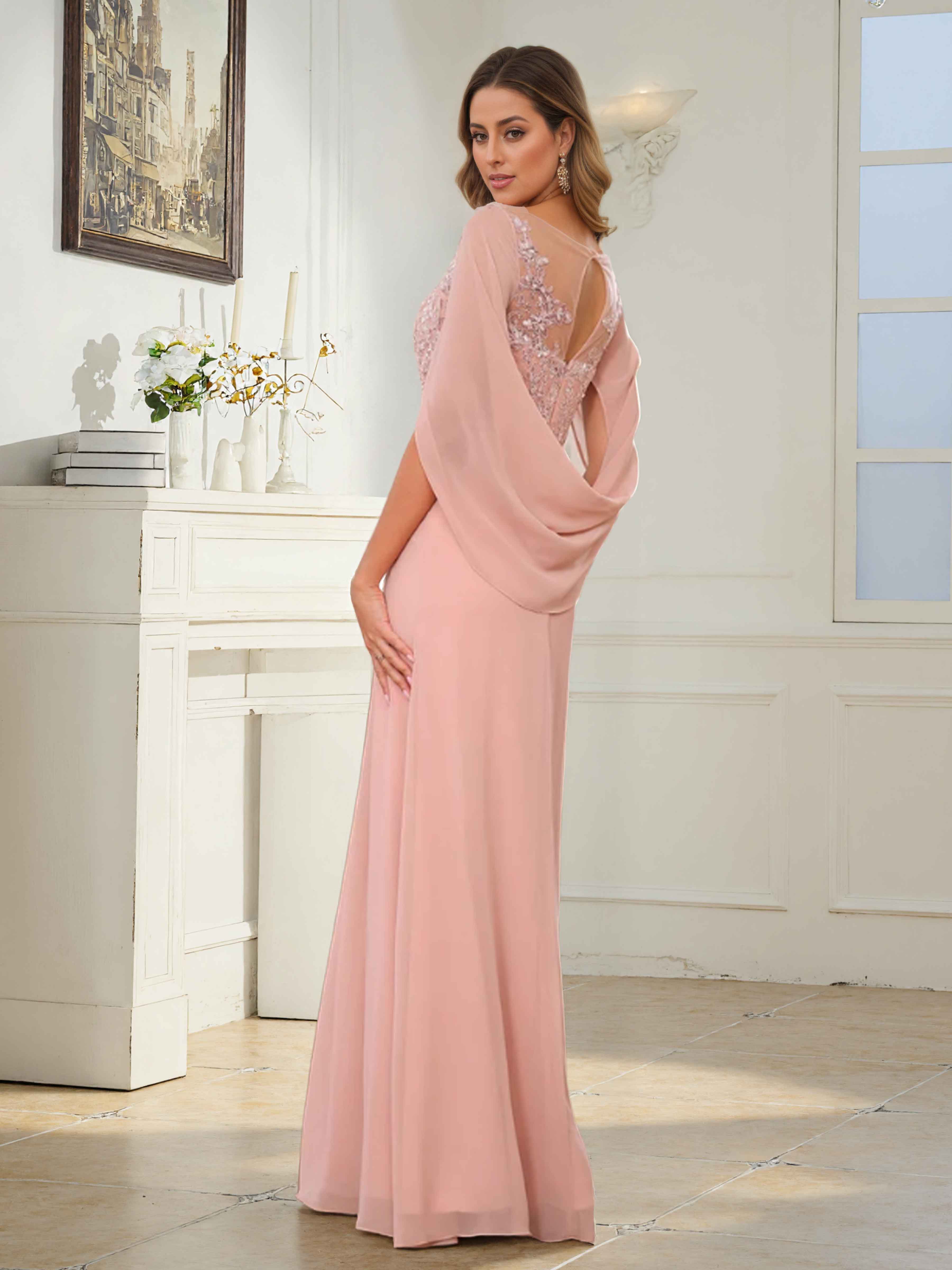 Fraelithryn Delicate Ruched Cape Lace Appliques Long Chiffon Mother Of The Bride Dresses