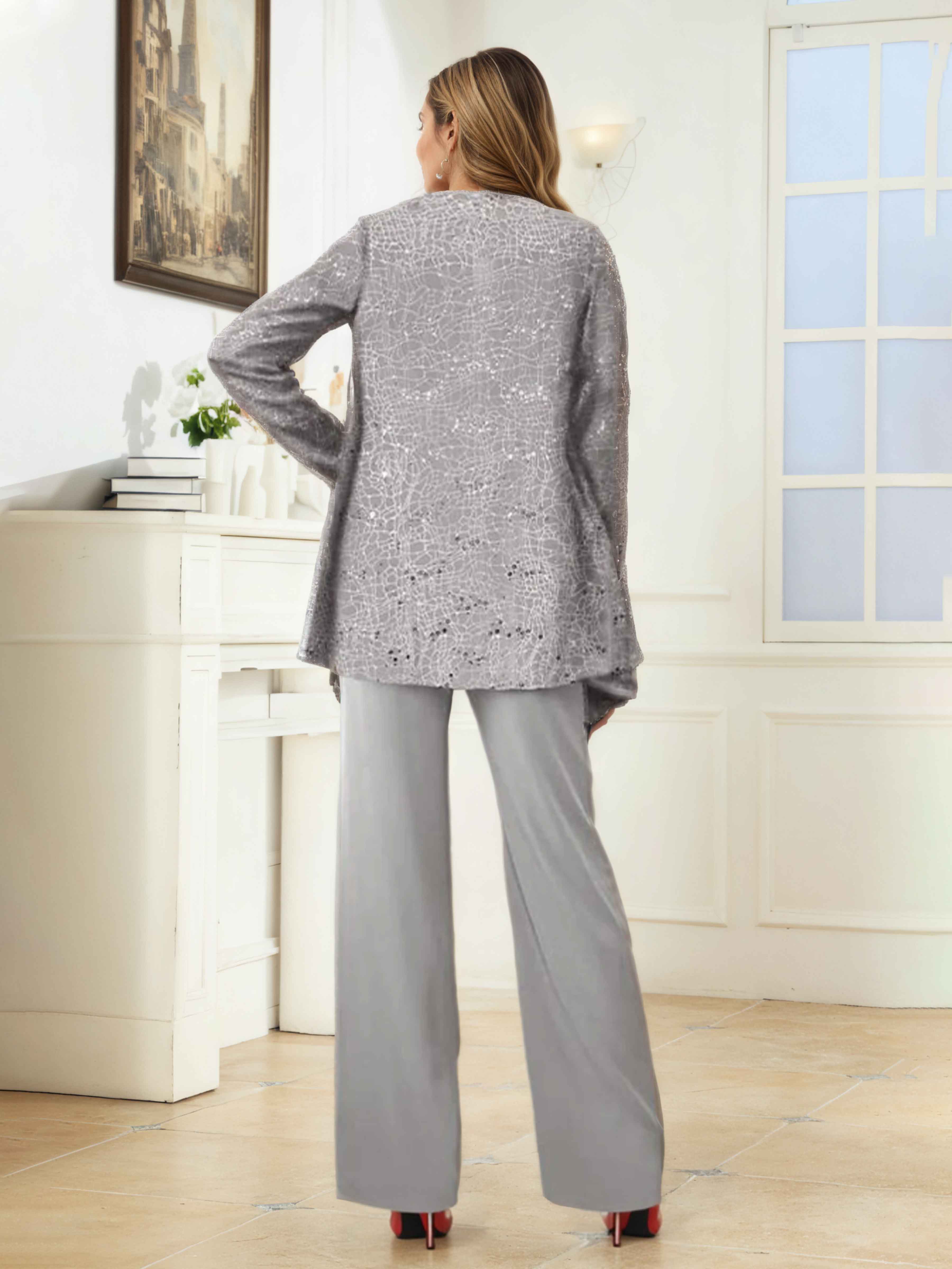 Iraelithryn Modest Round Neck 3-Piece Mother of the Bride Pantsuit with Jacket