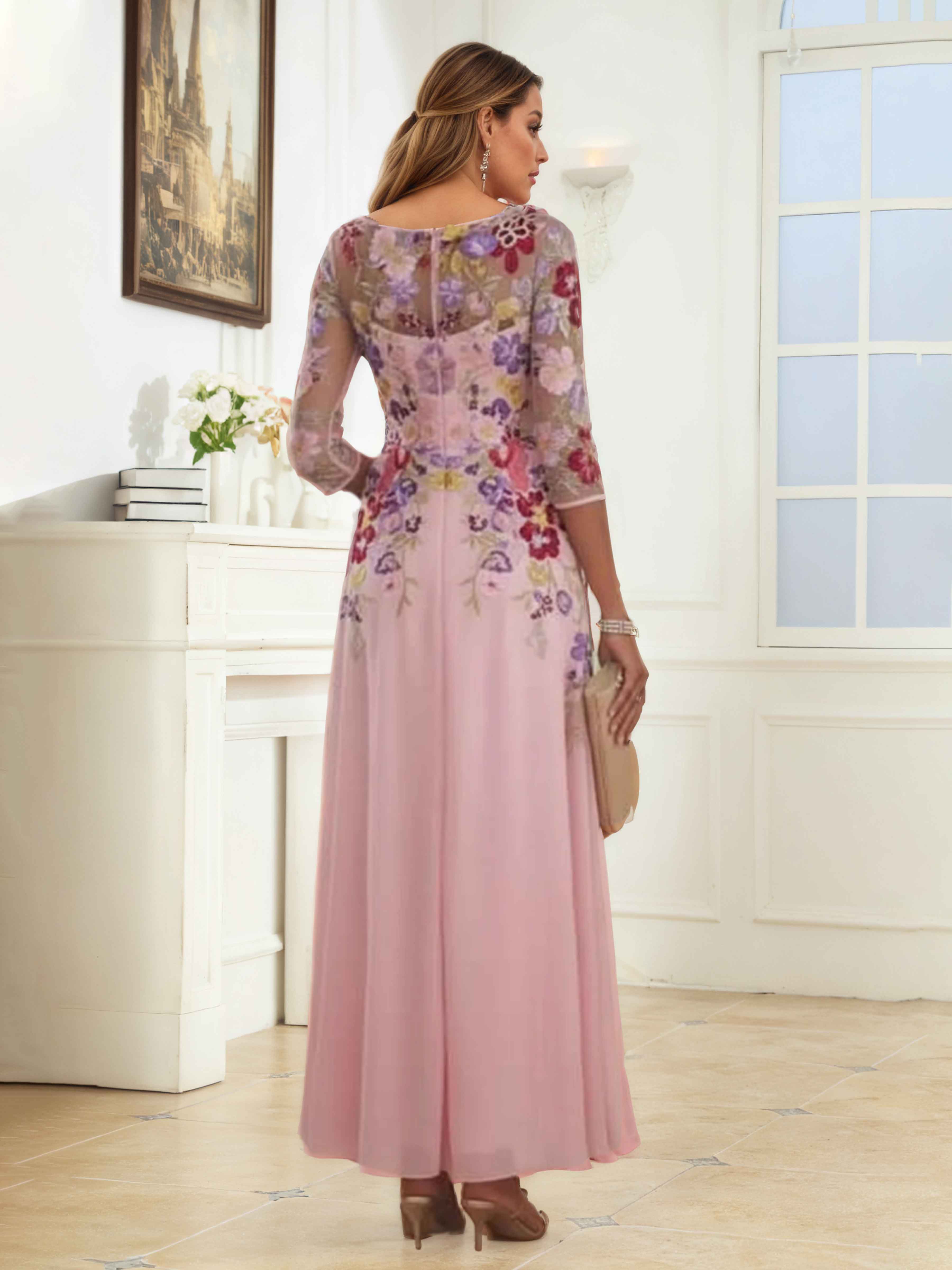 Kaelithryn Charming Illusion Floral Lace Long Chiffon Mother of the Bride Dresses