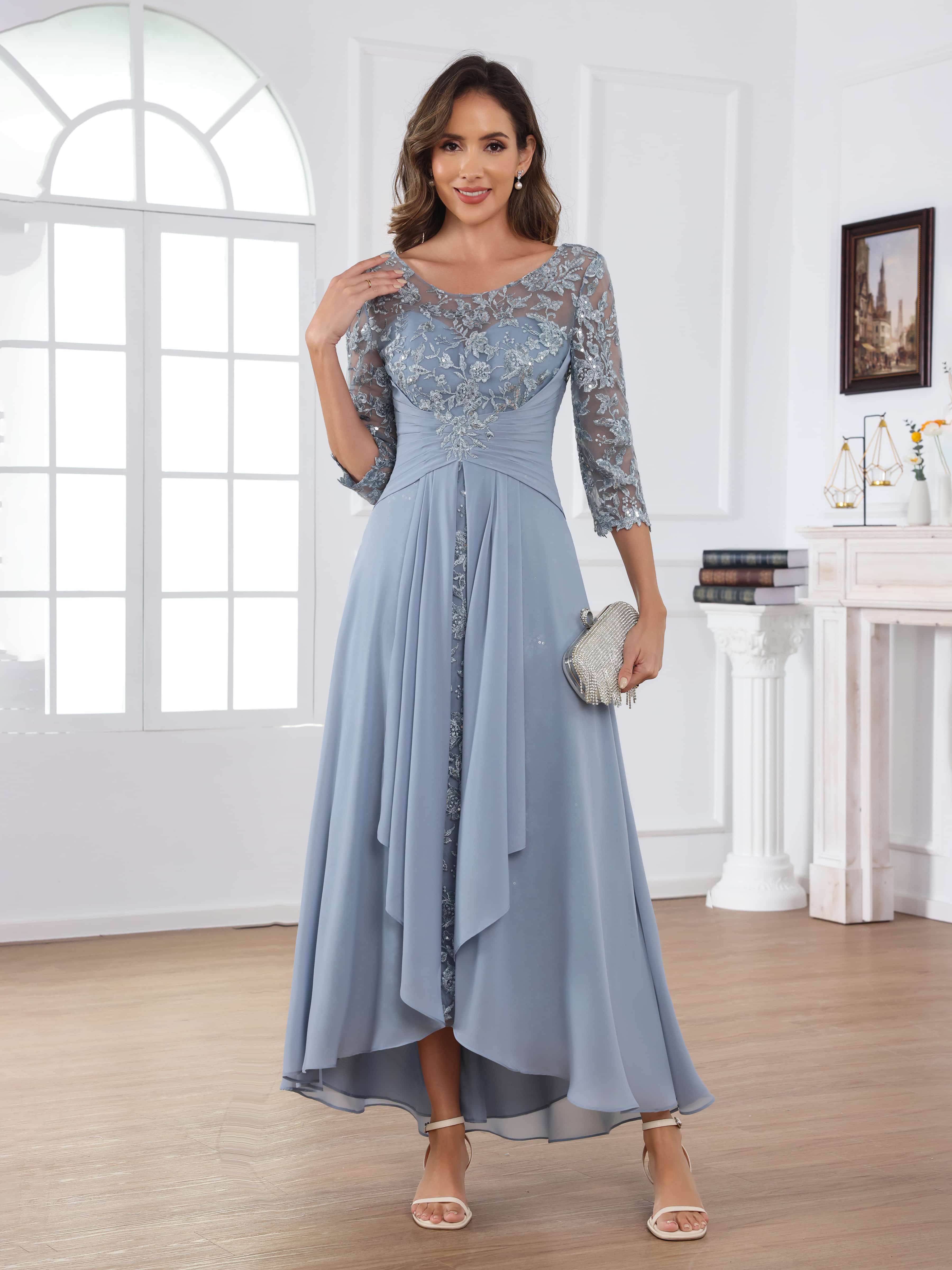 Praelithryn Delicate A-Line Illusion Appliques Ruched Long Chiffon Mother of the Bride Dresses