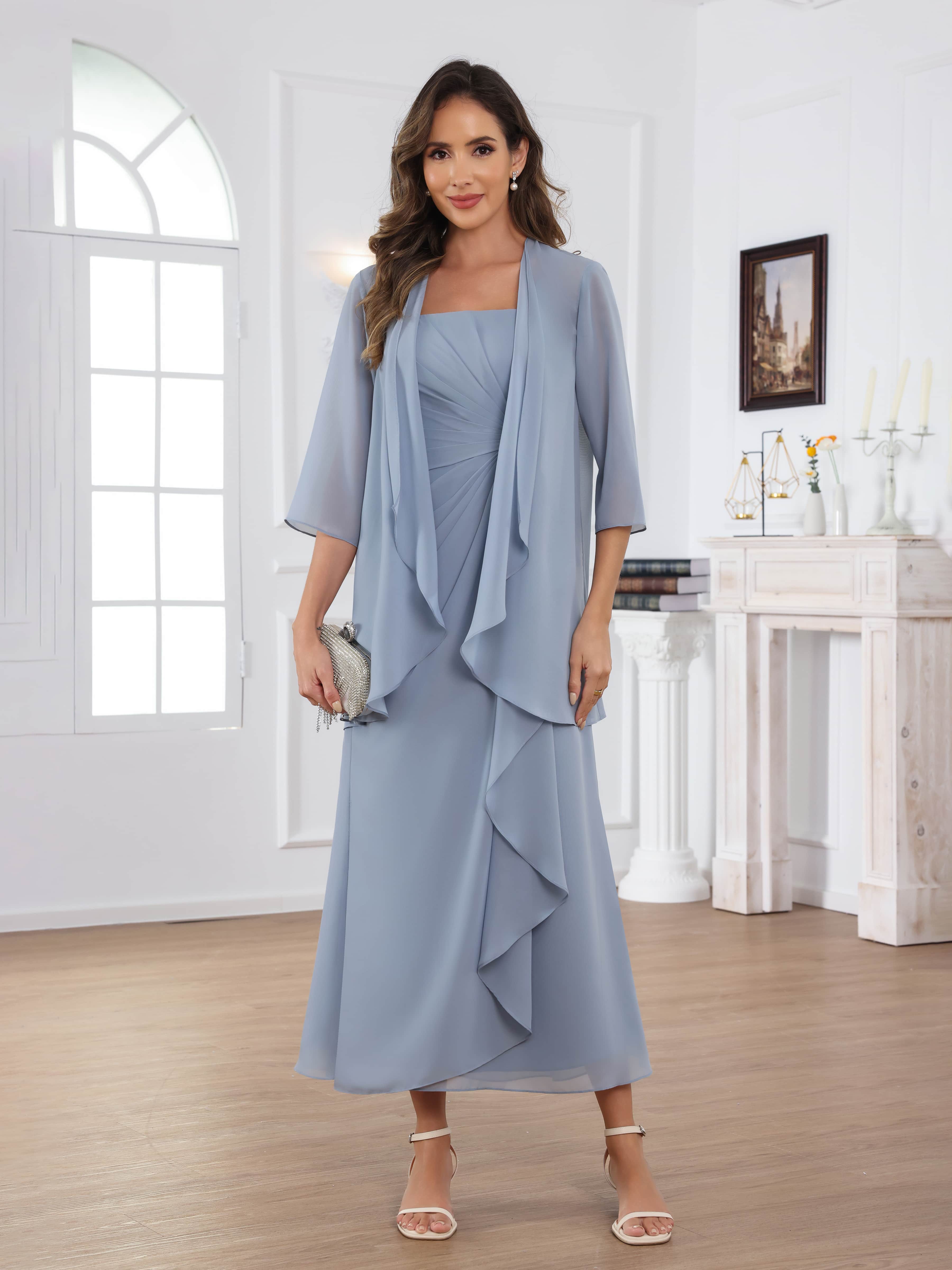 Raelithryn Graceful A-Line Square Beading Ruched 2-Piece Midi Chiffon Mother of the Bride Dresses