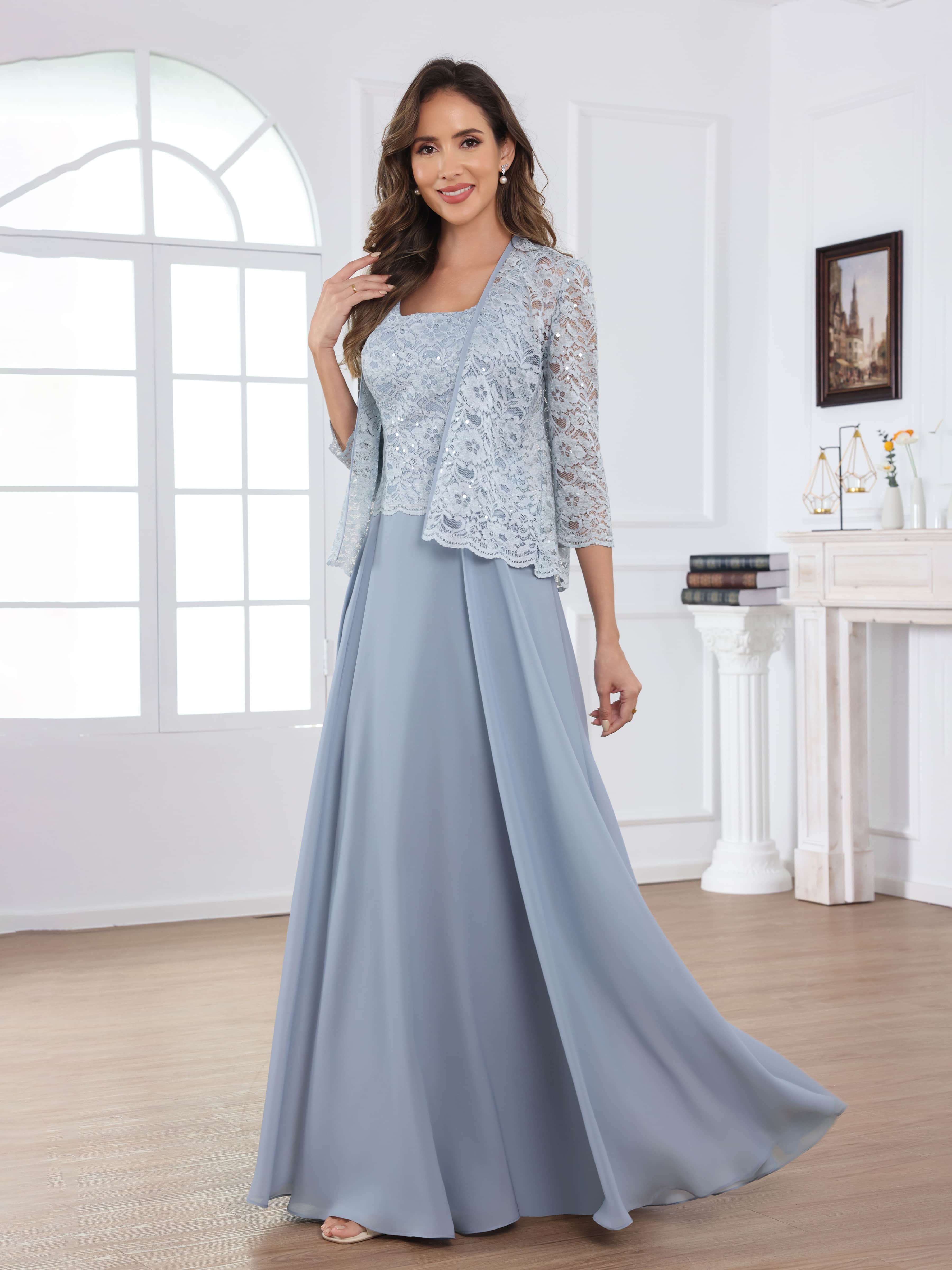 Traelithryn Enchanting A-Line 2-Piece Appliques Lace Chiffon Floor Length Mother of the Bride Dresses