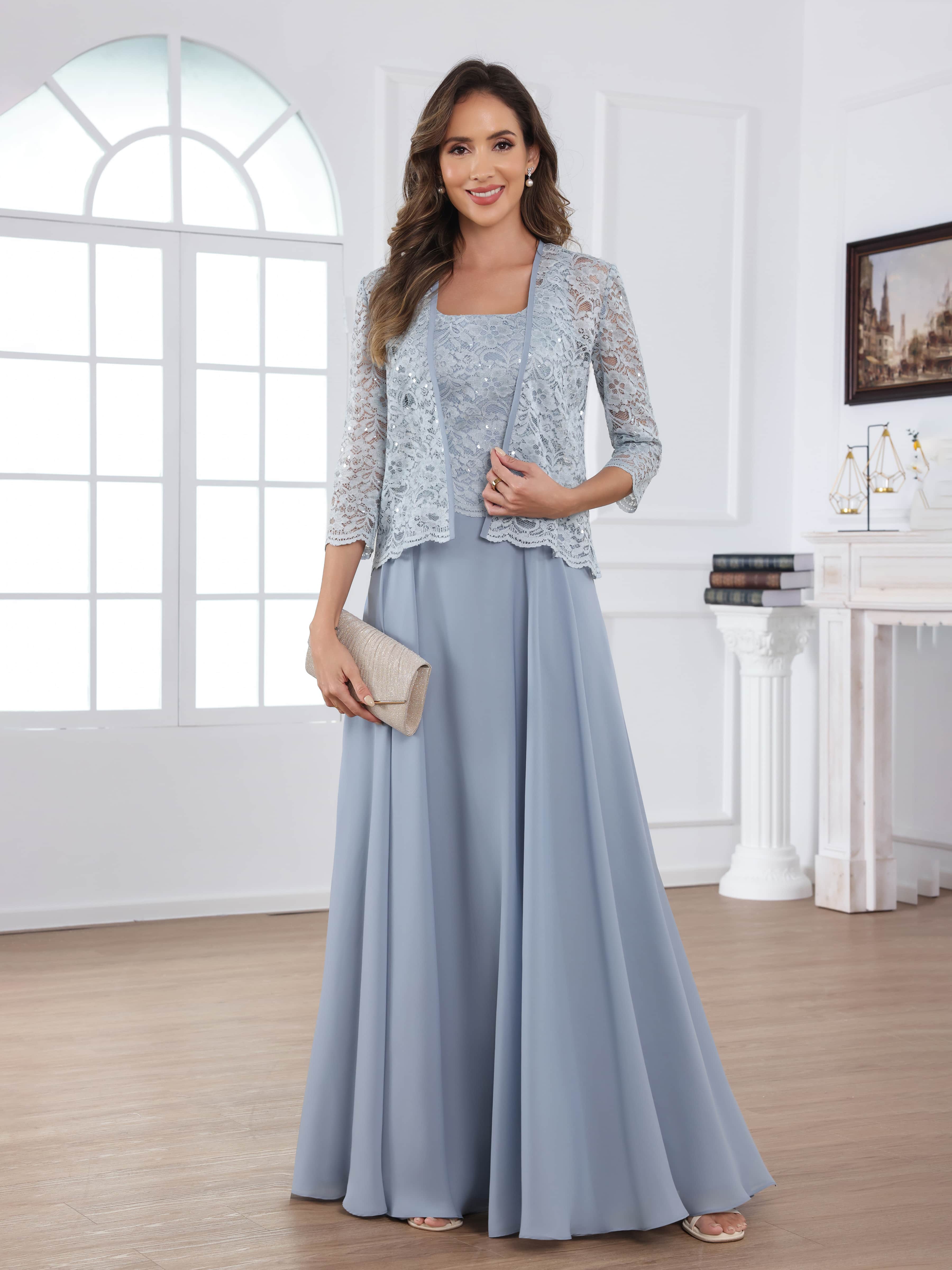 Traelithryn Enchanting A-Line 2-Piece Appliques Lace Chiffon Floor Length Mother of the Bride Dresses