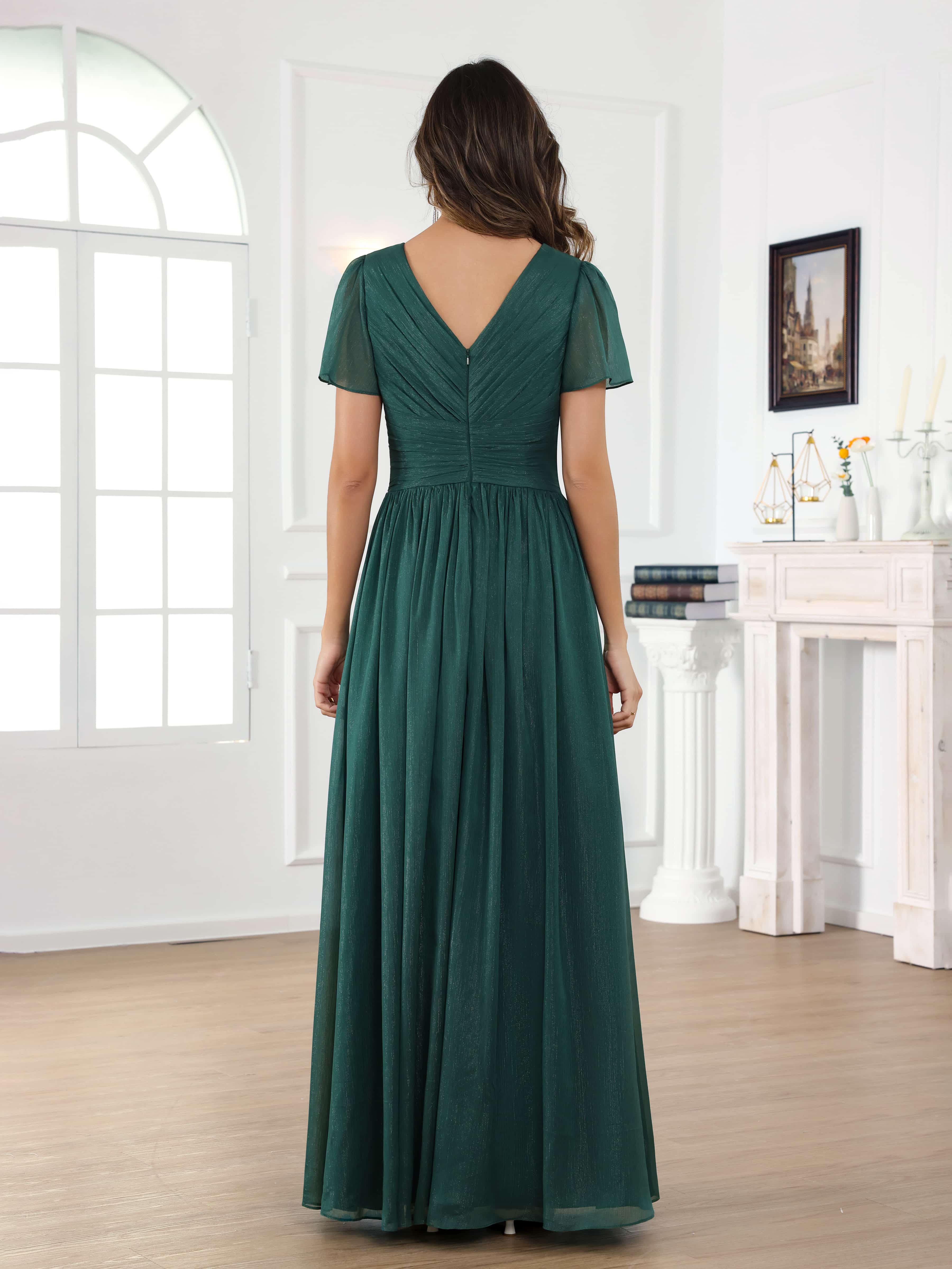 Braelithara Modest A-Line Ruched V Neck Floor Length Mother of the Bride Dresses