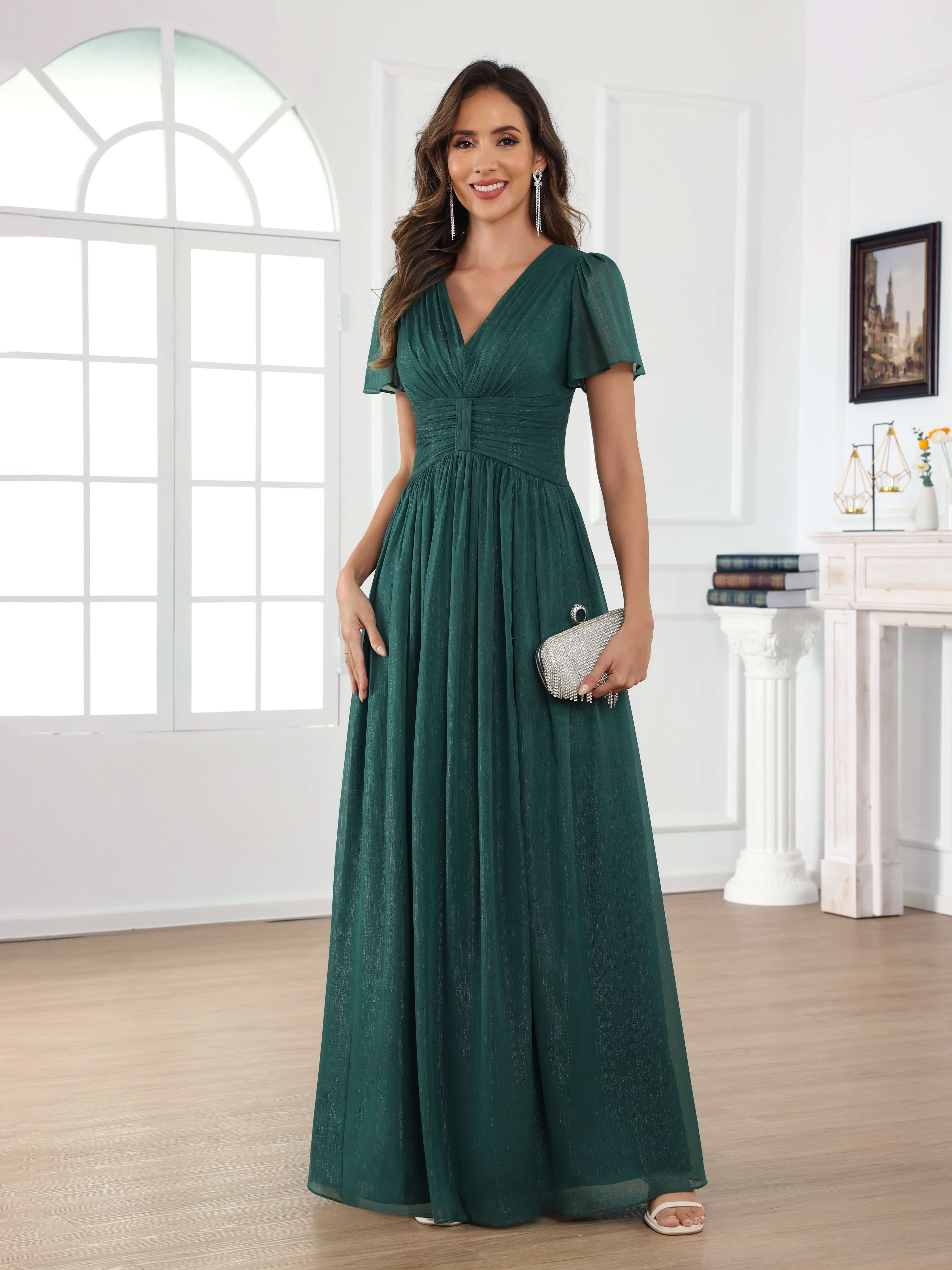Braelithara Modest A-Line Ruched V Neck Floor Length Mother of the Bride Dresses