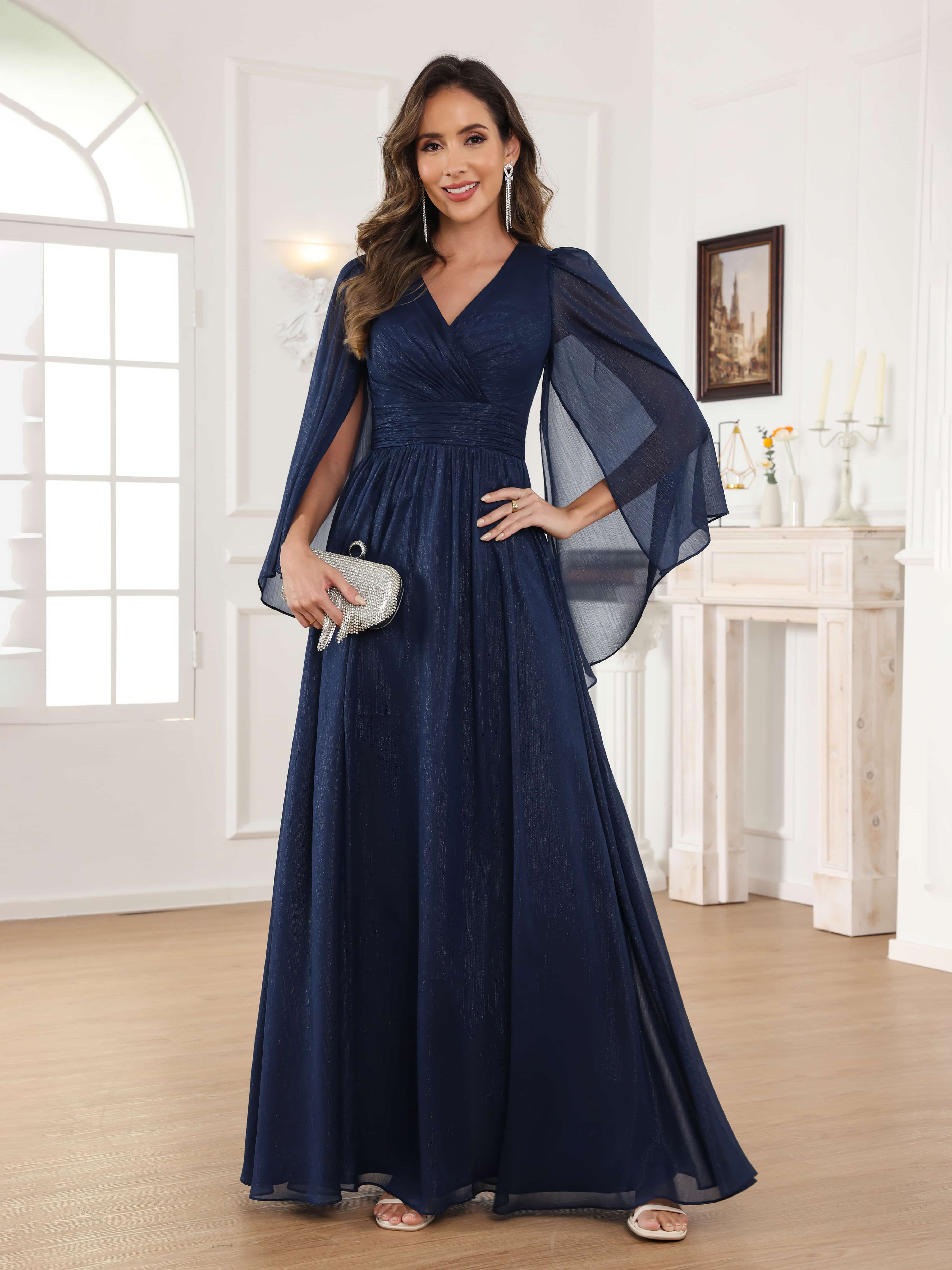 Caelithara Graceful A-Line Pleated V Neck Long Mother of the Bride Dresses