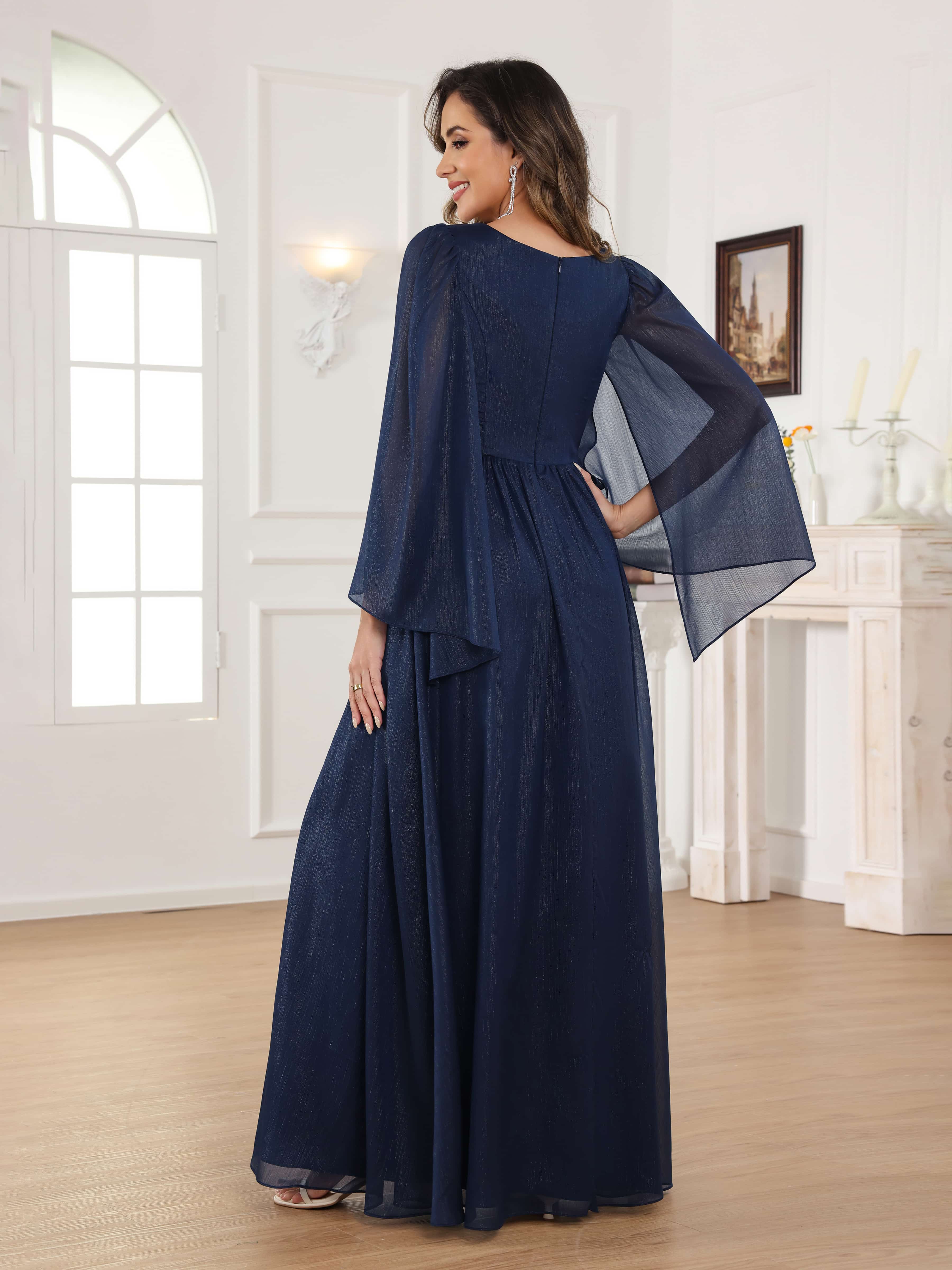 Caelithara Graceful A-Line Pleated V Neck Long Mother of the Bride Dresses