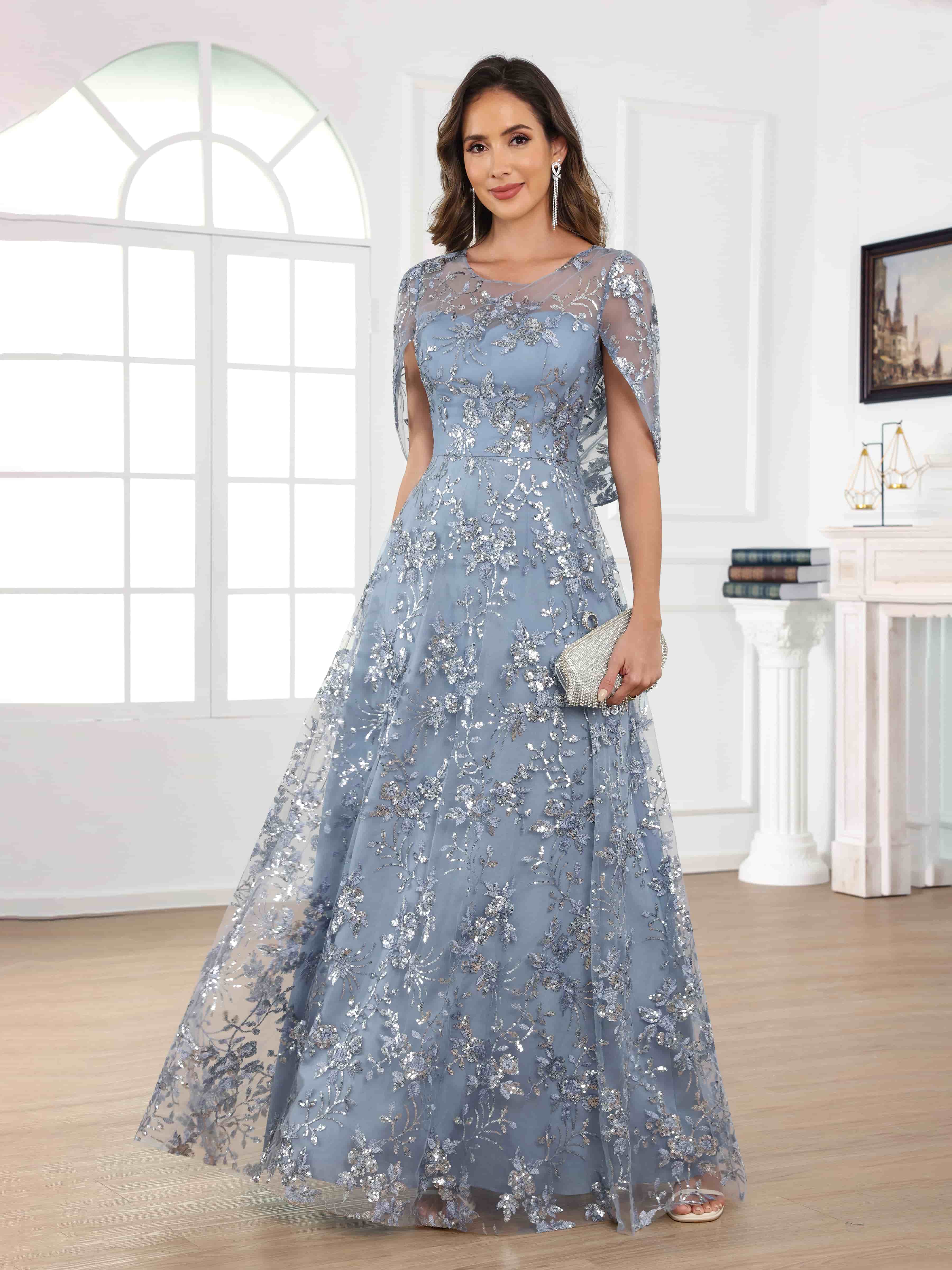 Draelithara Exquisite A-Line Illusion Sequins Lace Long Mother of the Bride Dresses