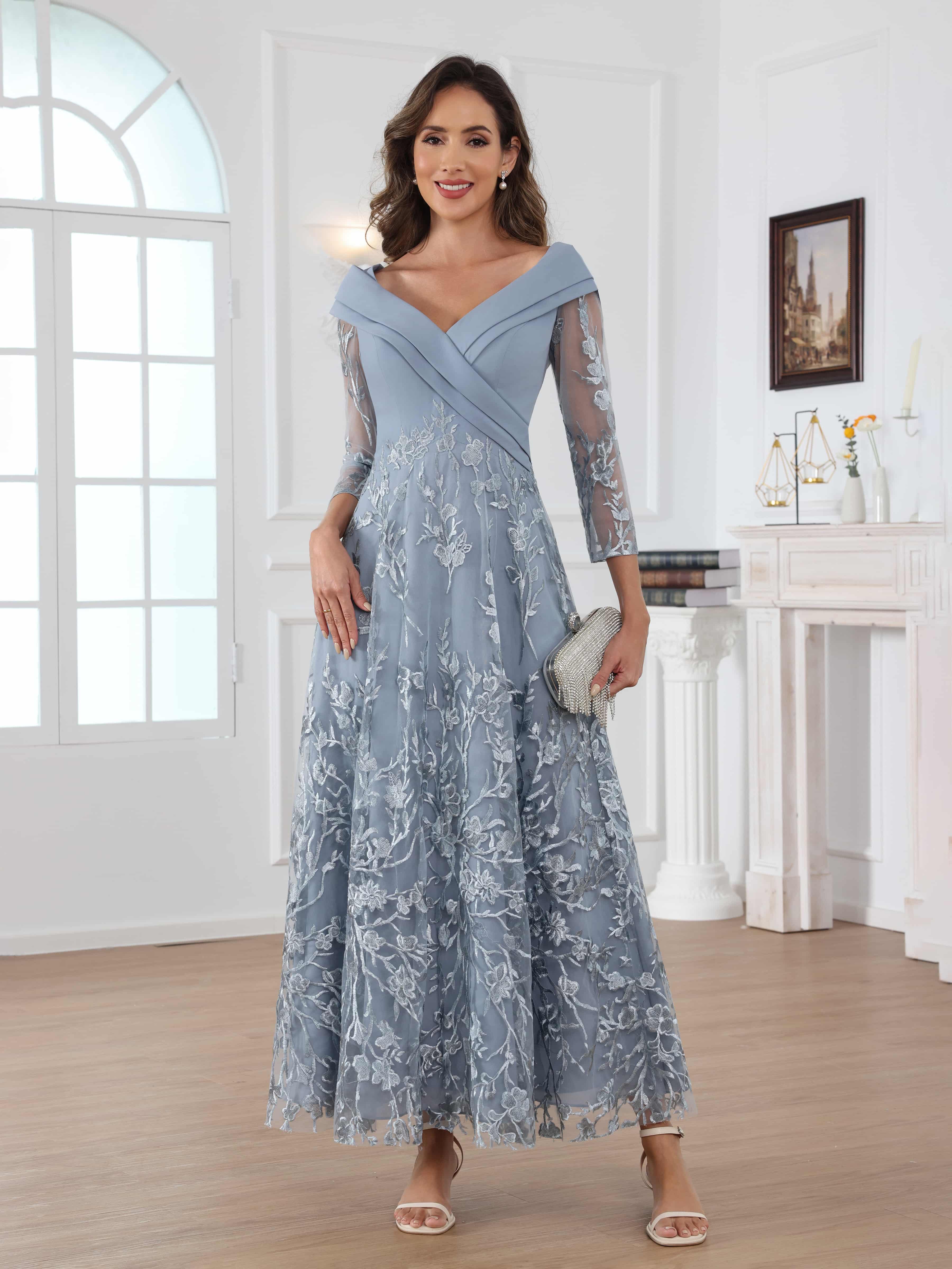 Graelithara Modern A-Line 3/4 Sleeves Ruched Lace Long Chiffon Mother of the Bride Dresses