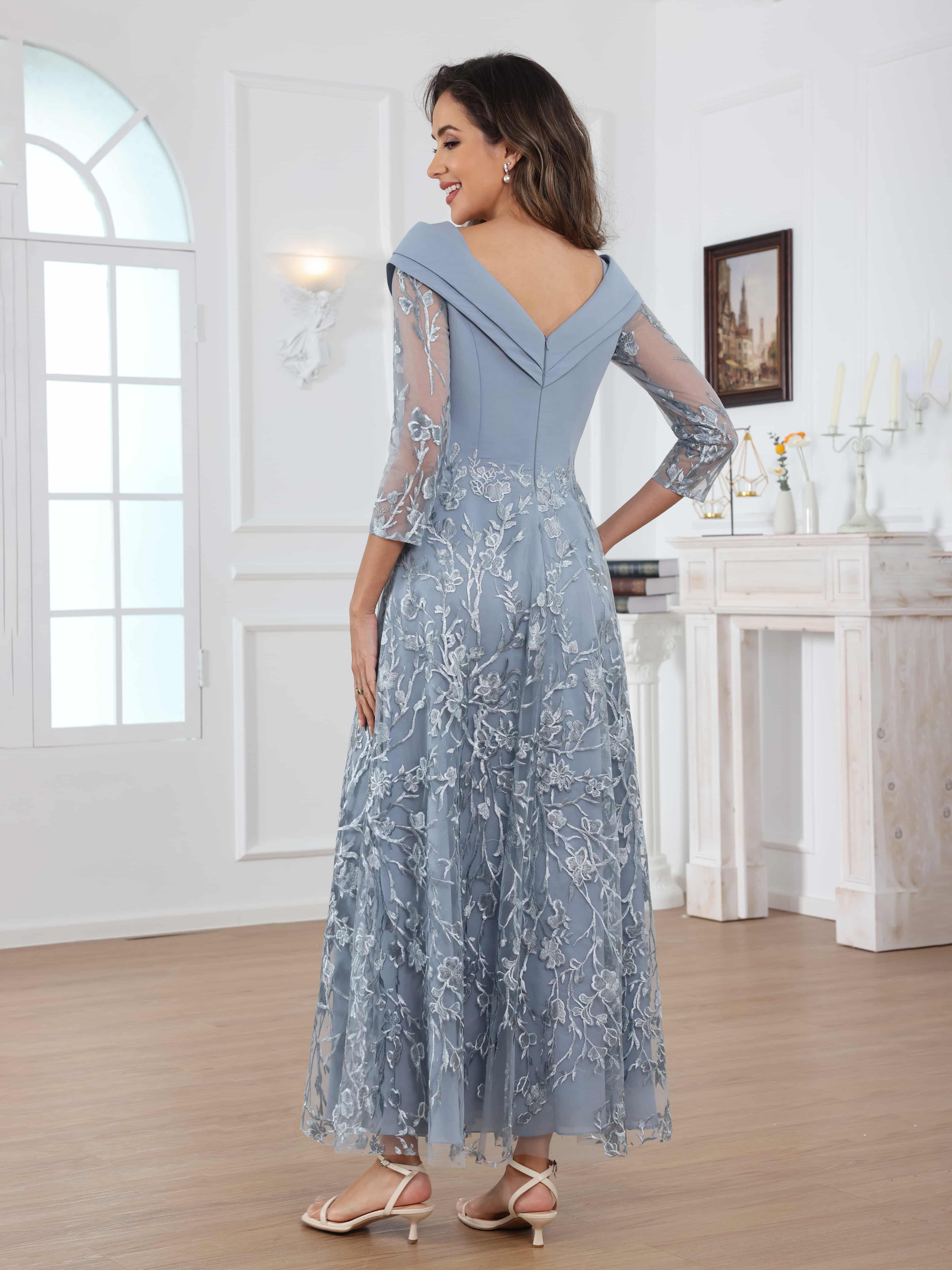 Graelithara Modern A-Line 3/4 Sleeves Ruched Lace Long Chiffon Mother of the Bride Dresses