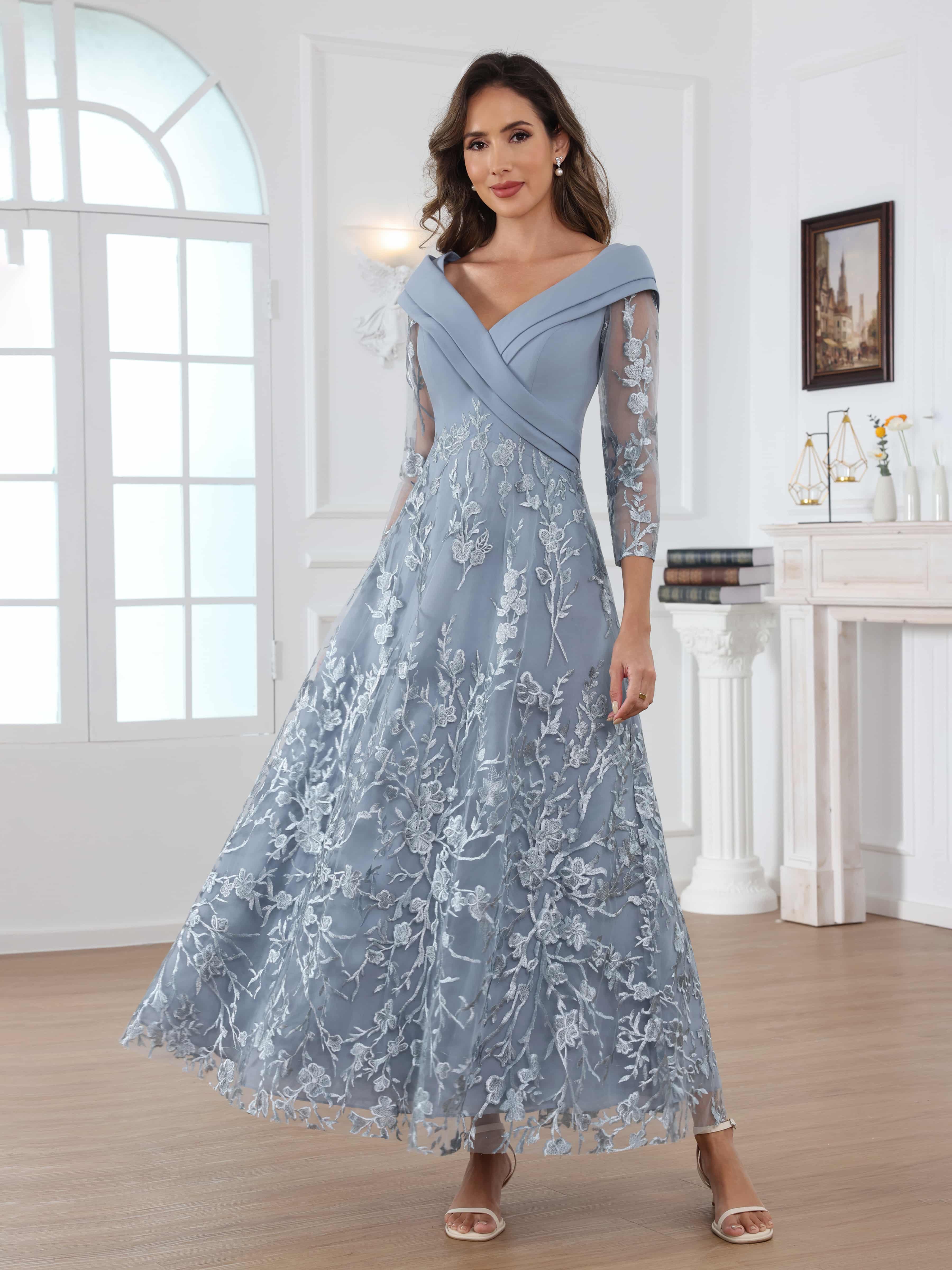 Graelithara Modern A-Line 3/4 Sleeves Ruched Lace Long Chiffon Mother of the Bride Dresses