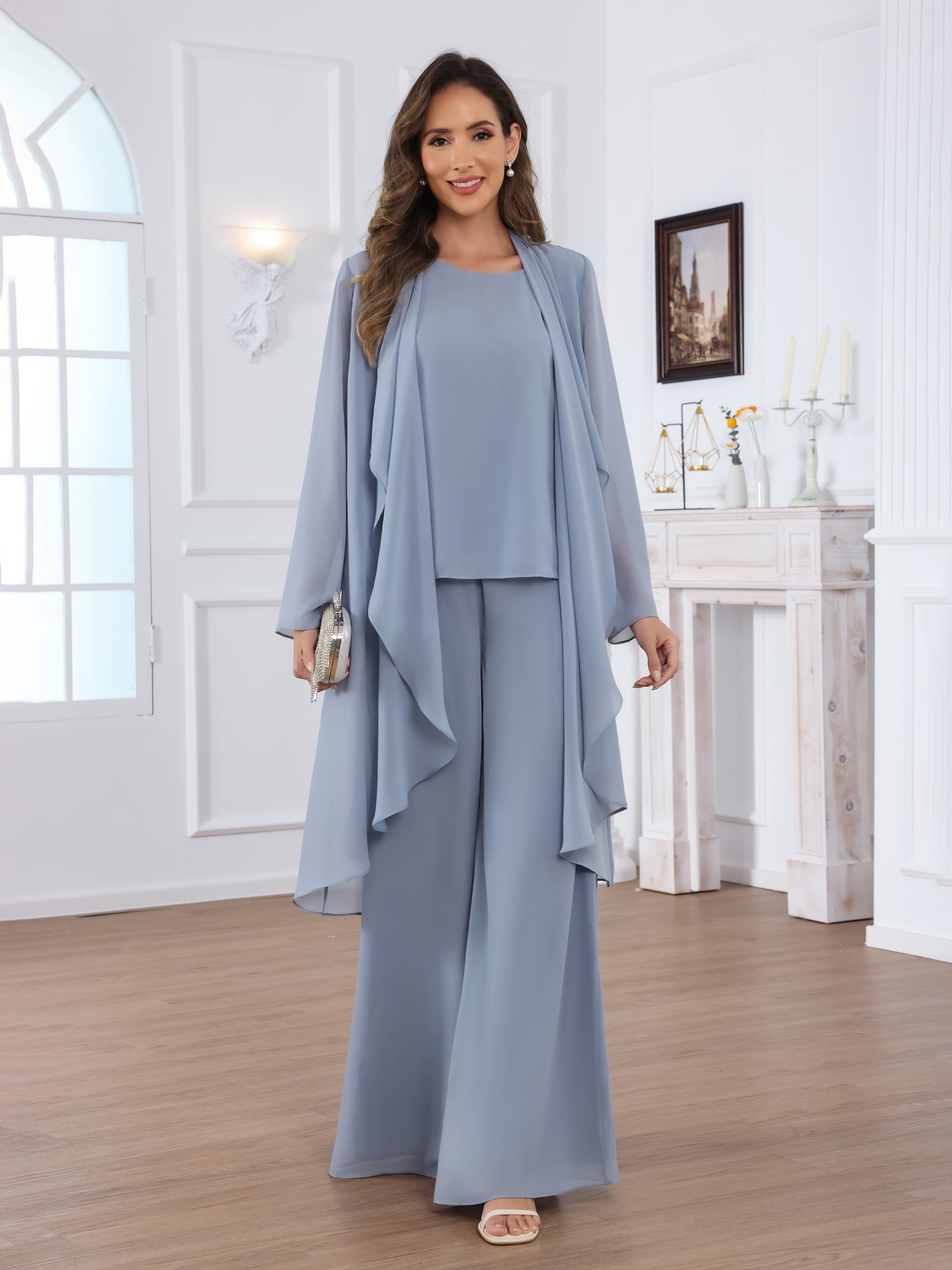 Jaelithara Flattering 3-Piece Long Sleeves Chiffon Mother of the Bride Pantsuit with Jacket