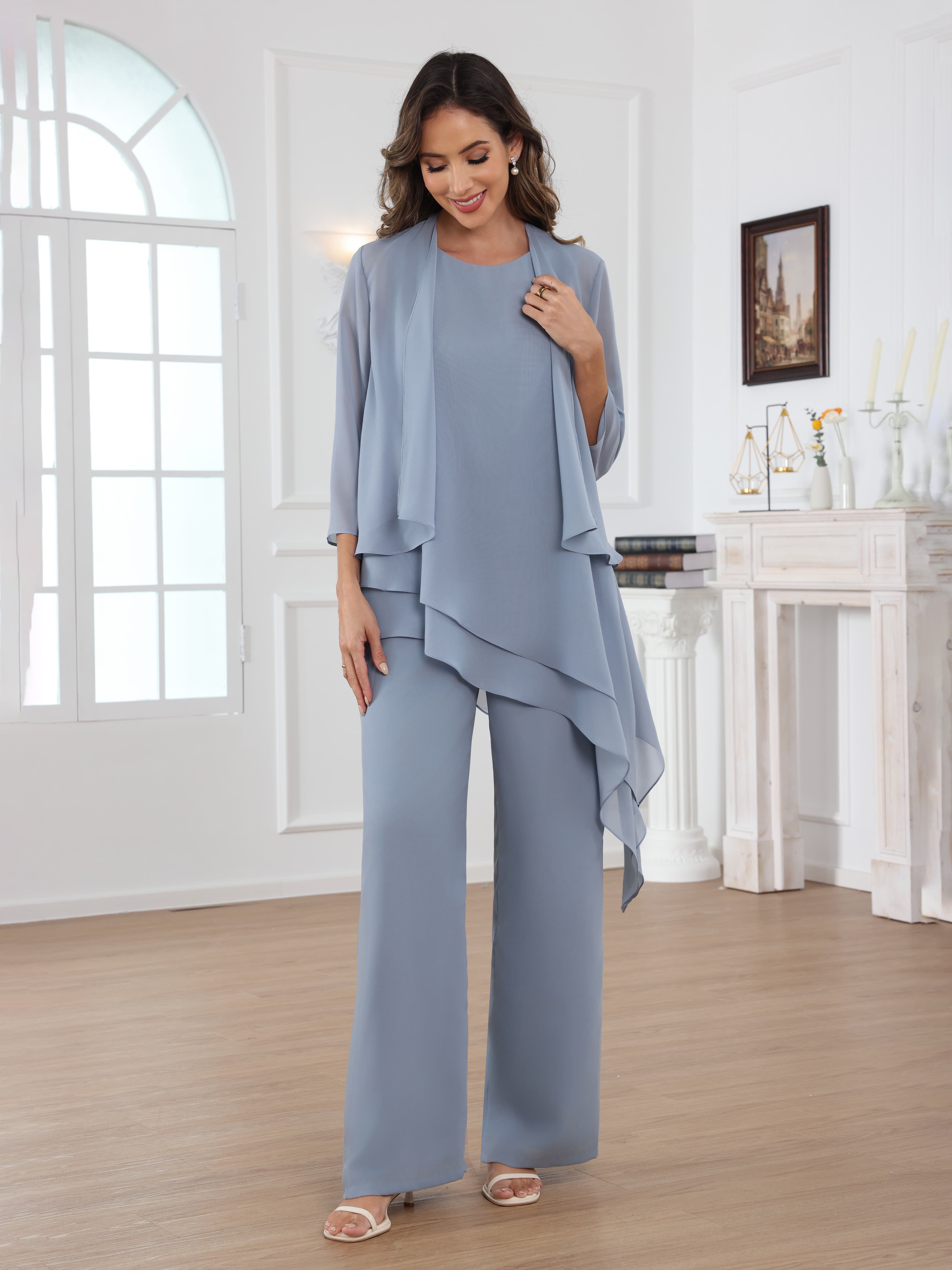 Mraelithara Comfortable 3-Piece Scoop Chiffon Mother of the Bride Pantsuit with Jacket