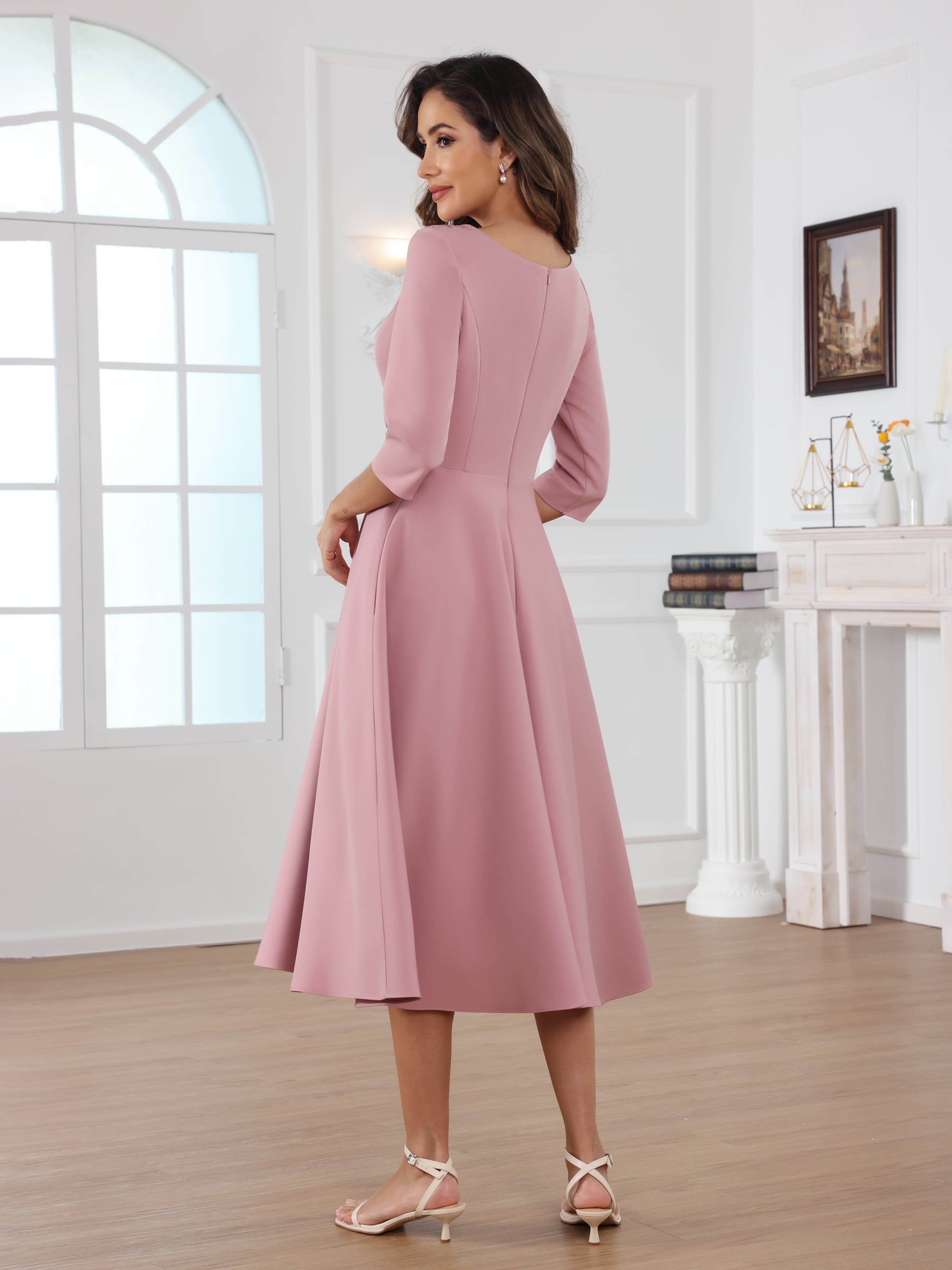 Naelithara Graceful Scoop Lace Tea Length Satin Mother of the Bride Dresses
