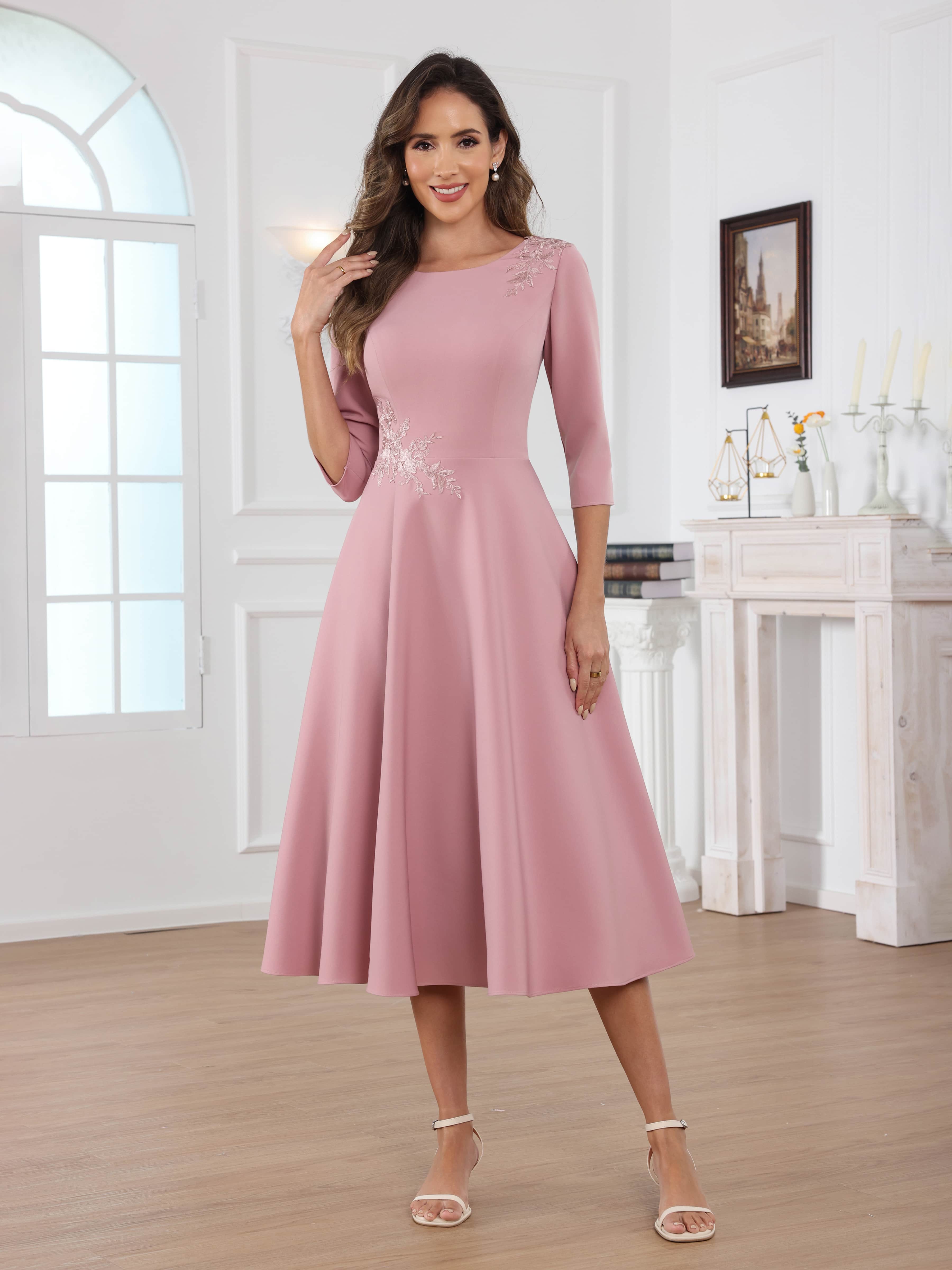 Naelithara Graceful Scoop Lace Tea Length Satin Mother of the Bride Dresses