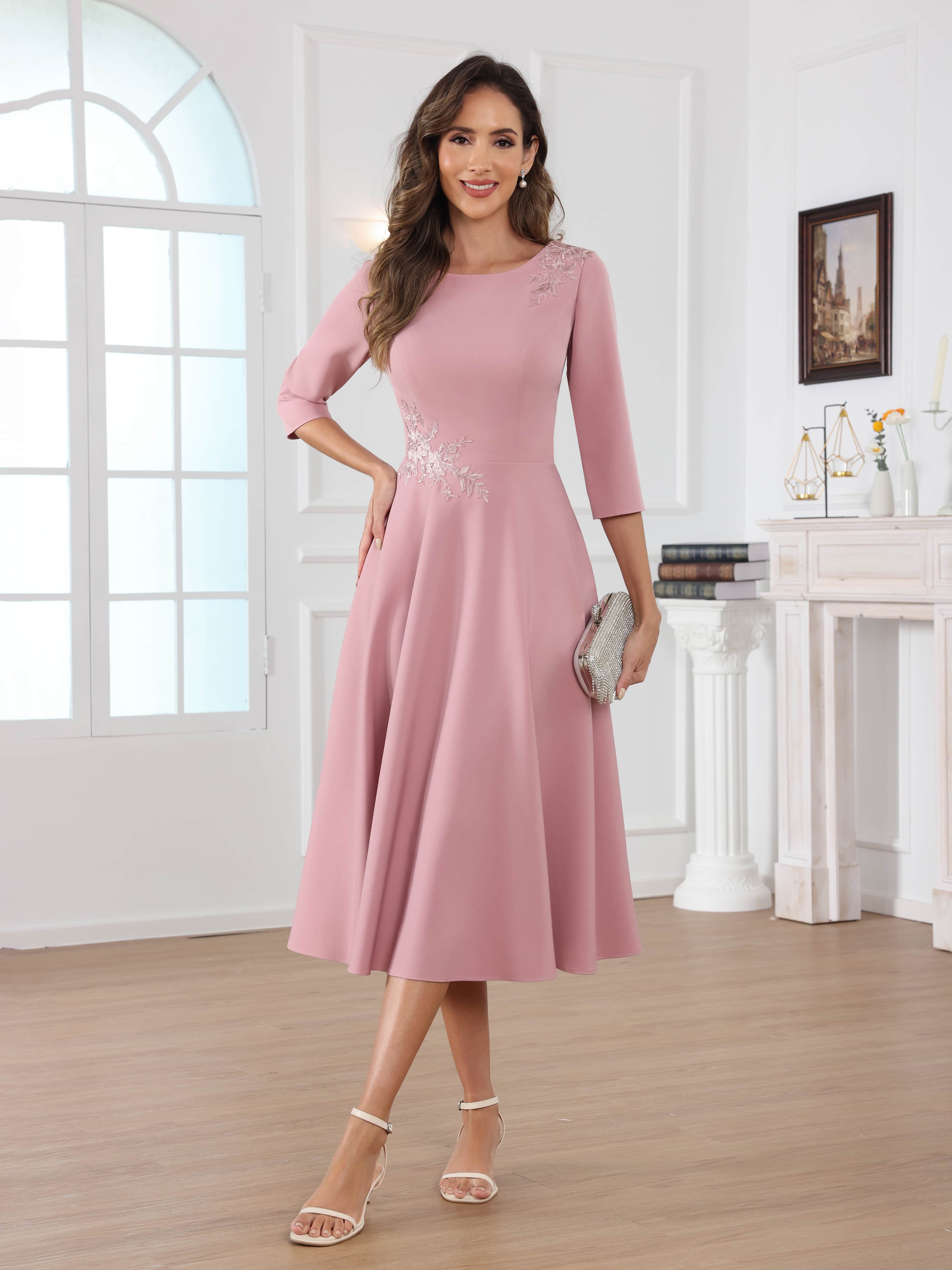 Naelithara Graceful Scoop Lace Tea Length Satin Mother of the Bride Dresses