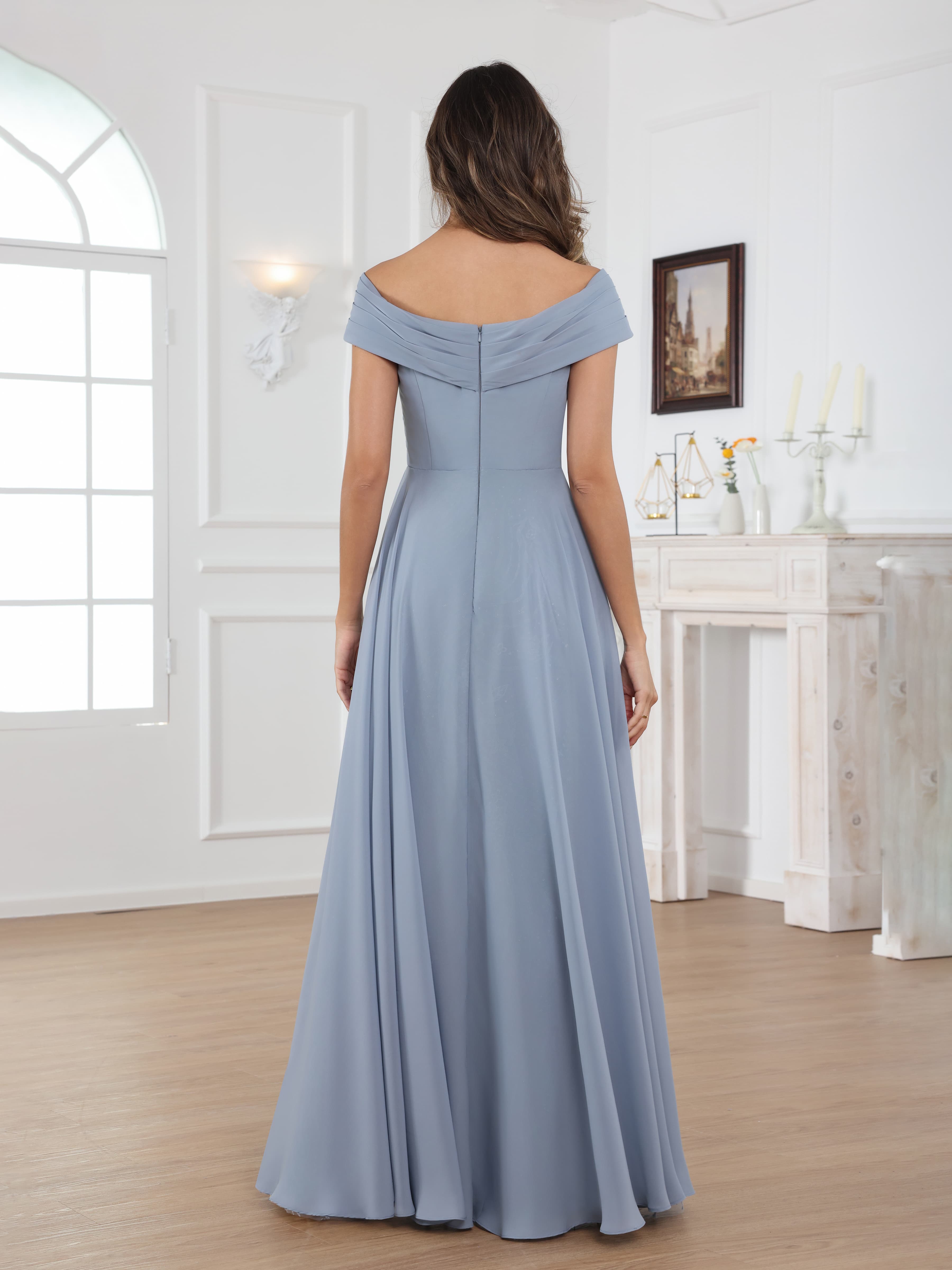 Oraelithara Exquisite Off the Shoulder Pleated Long Chiffon Mother of the Bride Dresses