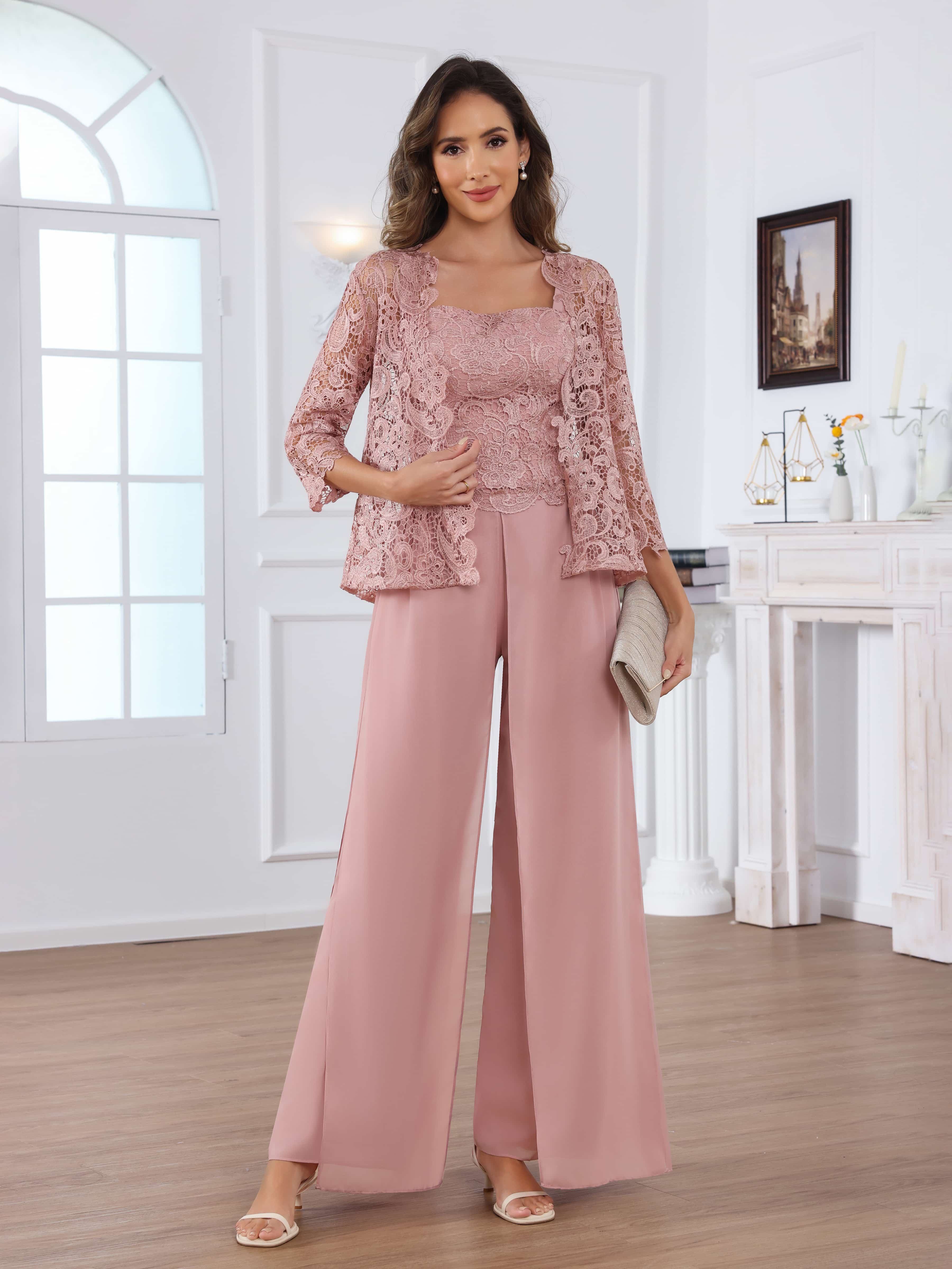 Praelithara Sophisticated Three Pieces Lace Sequins Chiffon Mother of the Bride Pantsuit