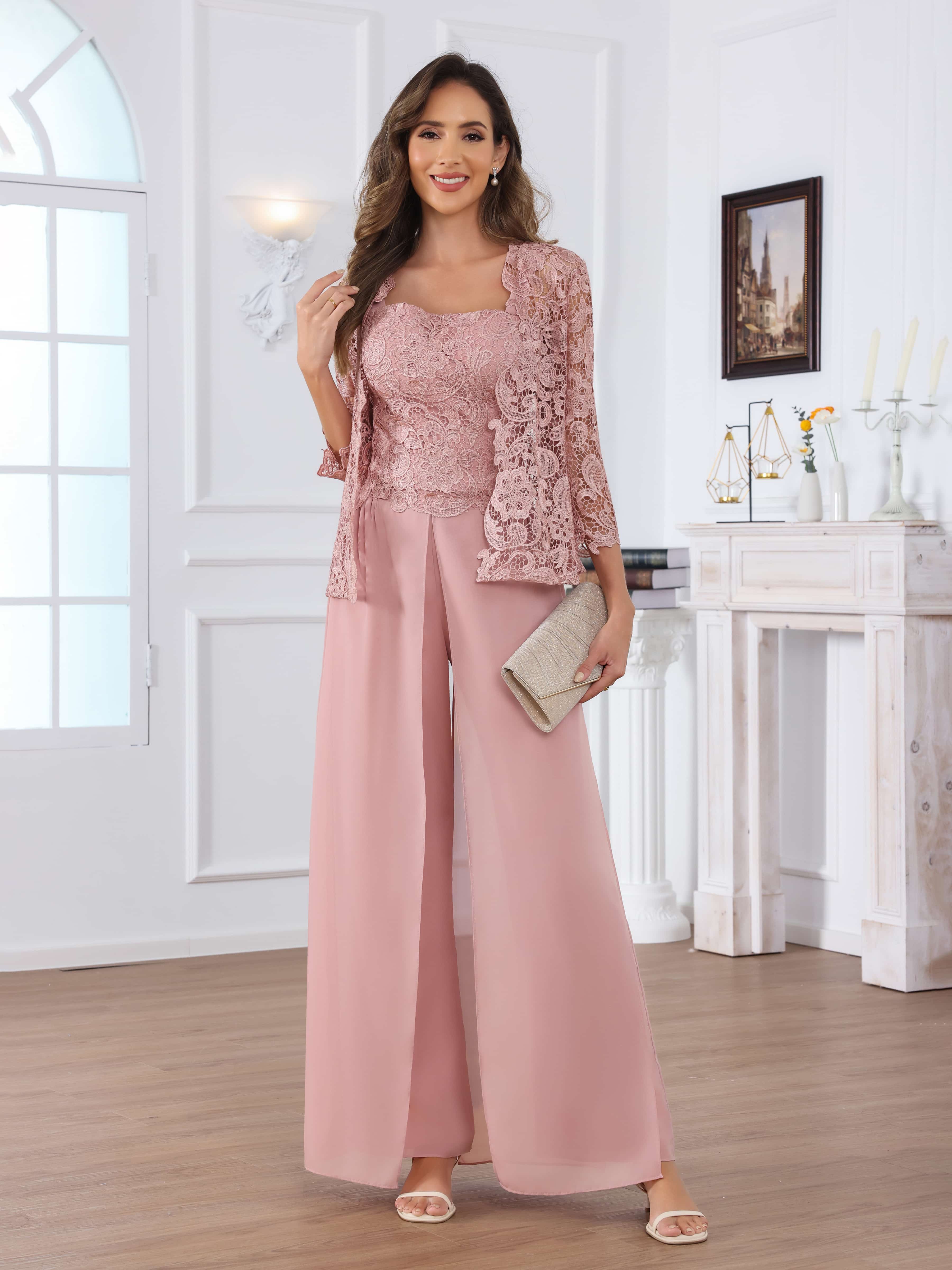 Praelithara Sophisticated Three Pieces Lace Sequins Chiffon Mother of the Bride Pantsuit