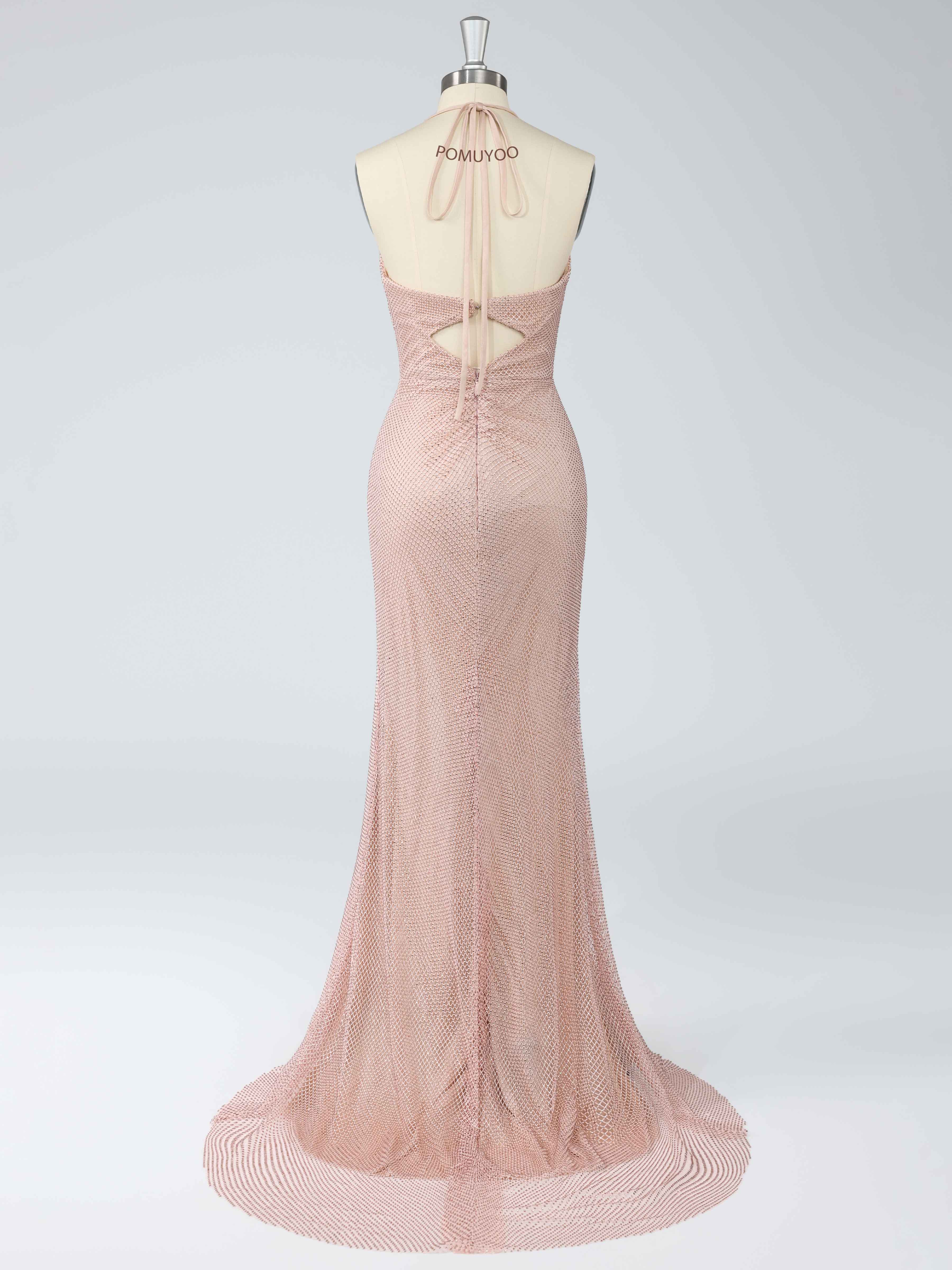 Aelitharae Sparkly Halter High Slit Backless Long Prom Dresses